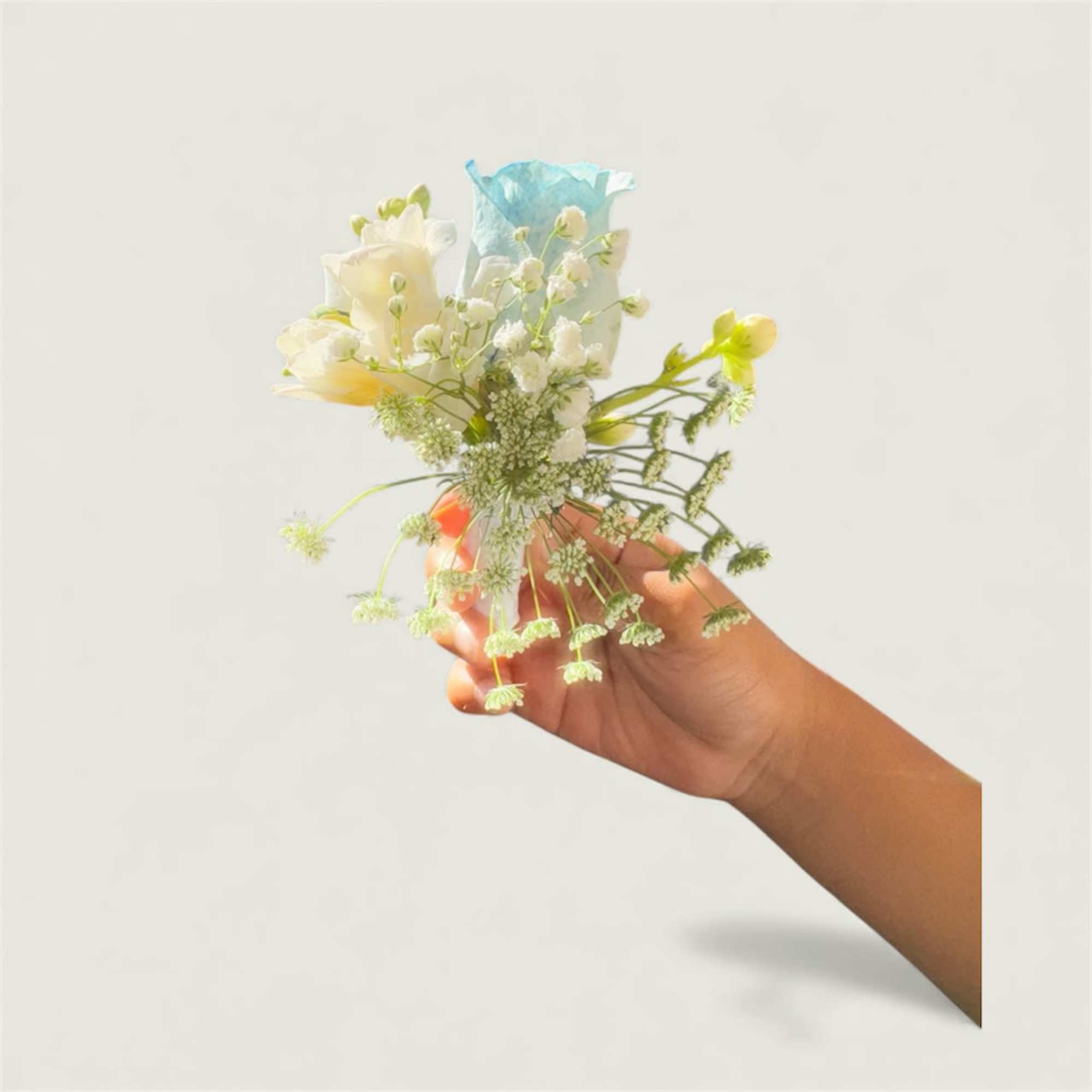 Hand holding a small pastel bouquet with white and blue flowers