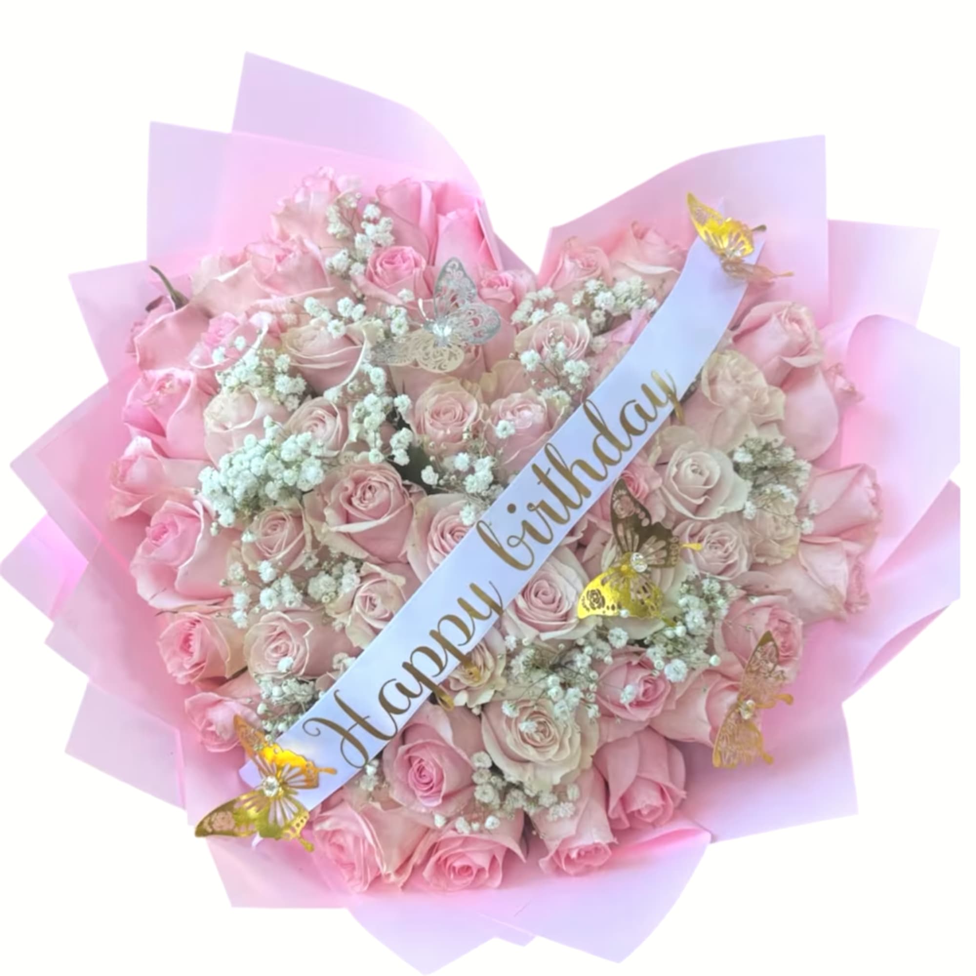 Pink rose bouquet with a birthday ribbon and butterfly decorations, photo 2 of 4