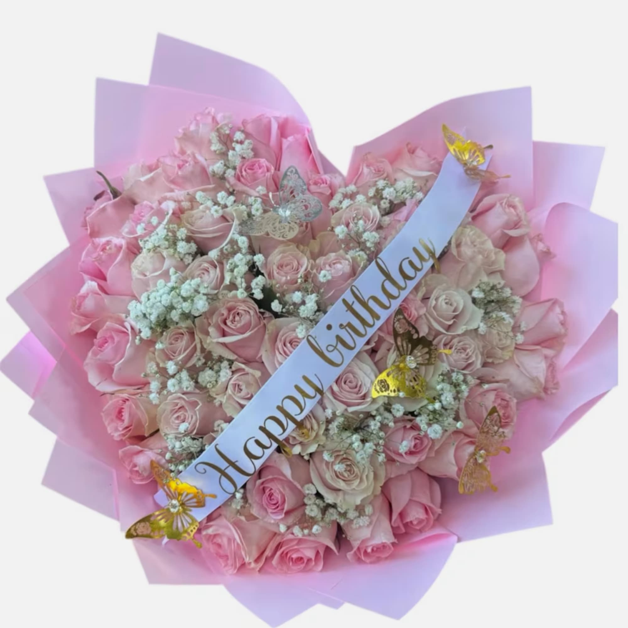 Pink rose bouquet with a birthday ribbon and butterfly decorations, photo 3 of 4