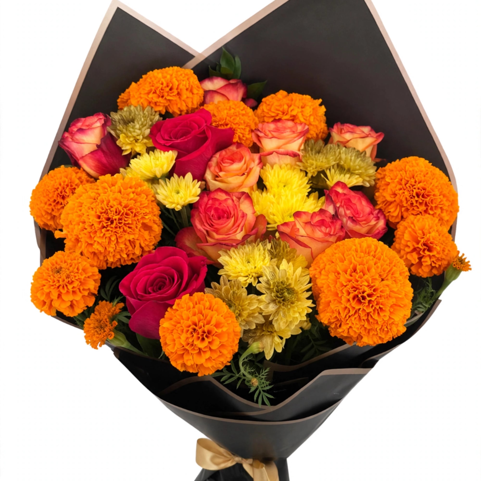 Bouquet of orange marigolds and pink roses wrapped in black paper