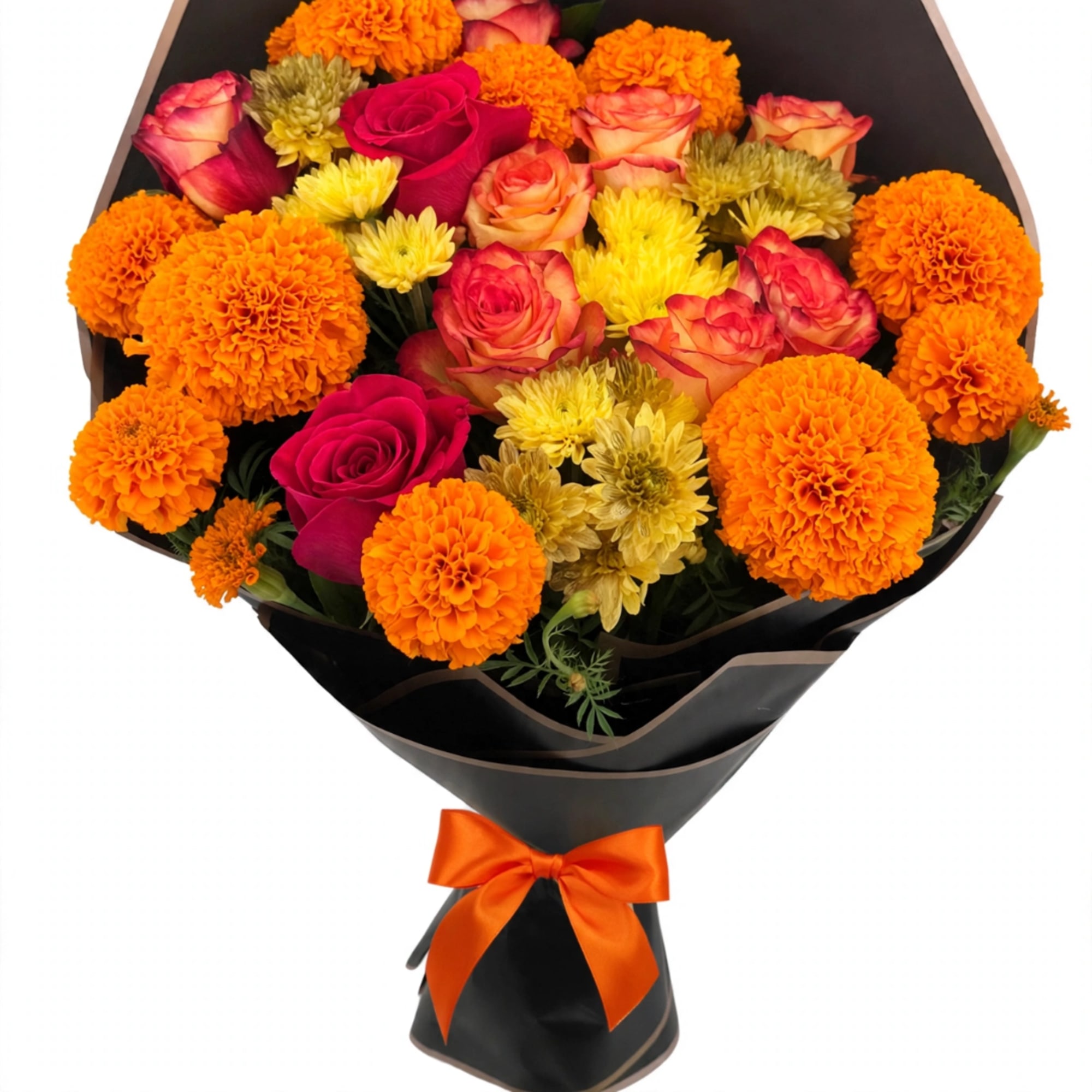 Bouquet of orange marigolds, pink roses, and yellow chrysanthemums wrapped in black paper