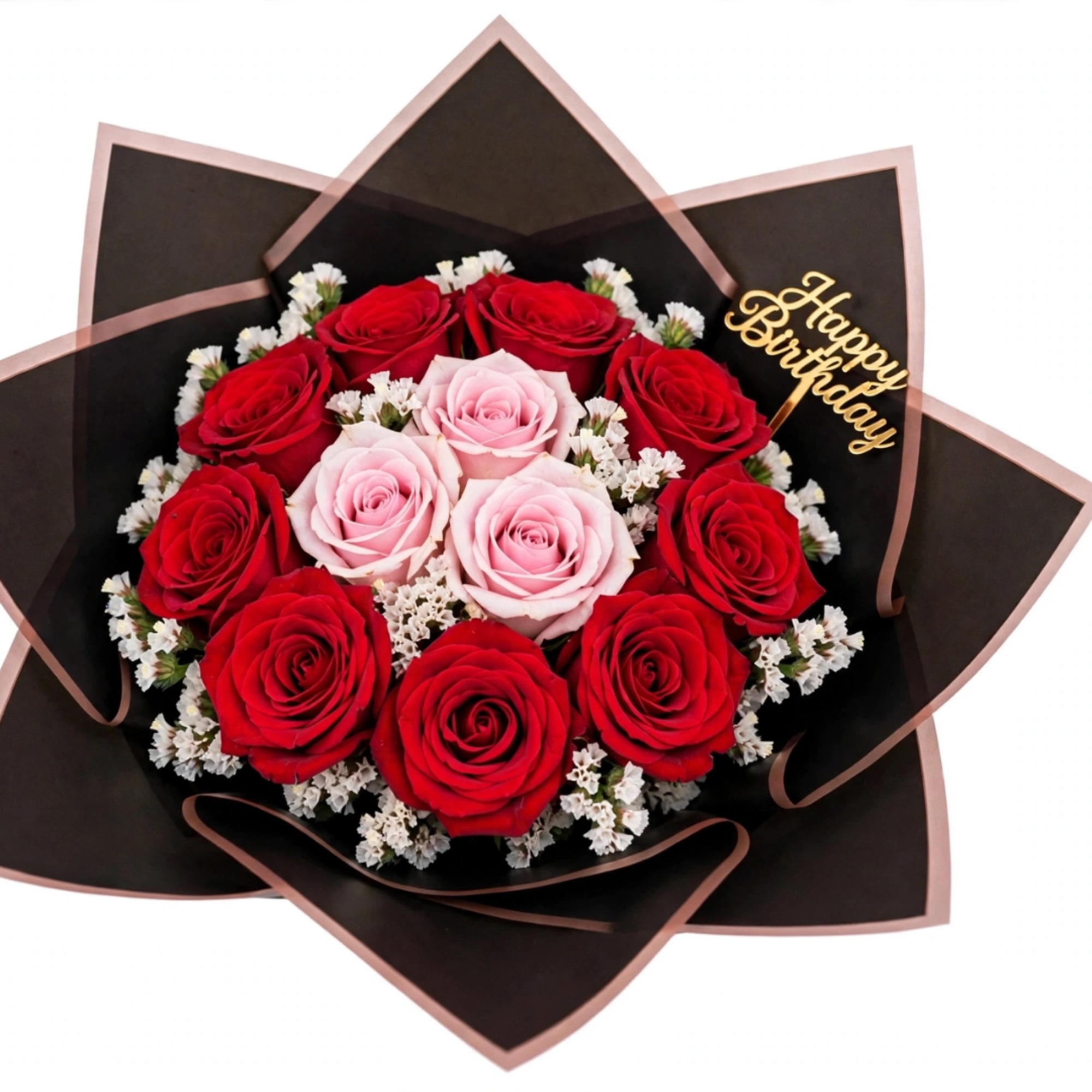 Bouquet of red and pink roses with a Happy Birthday topper