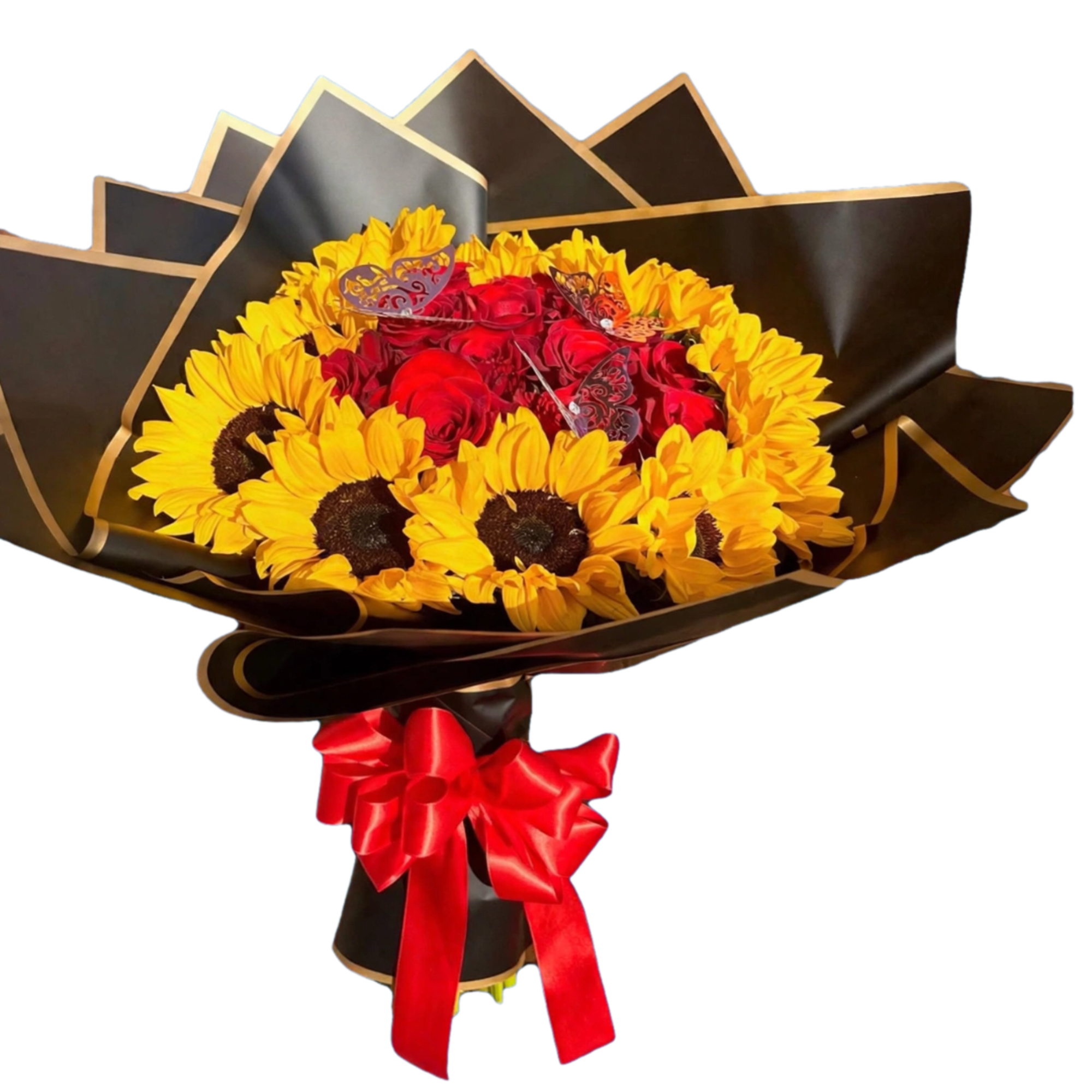 Bouquet of red roses and yellow sunflowers wrapped in black paper with a red bow