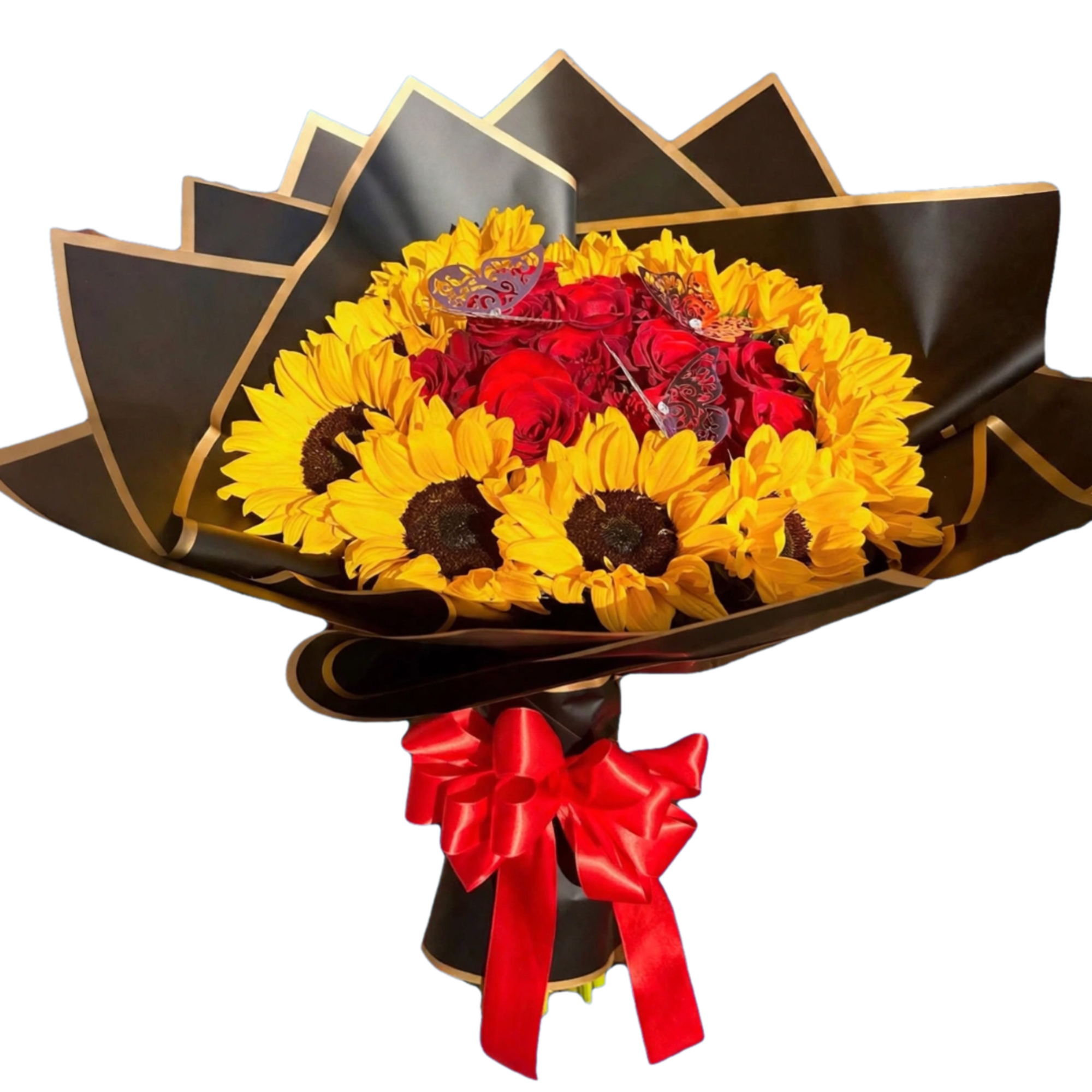 Bouquet of red roses and yellow sunflowers wrapped in black paper with a red bow