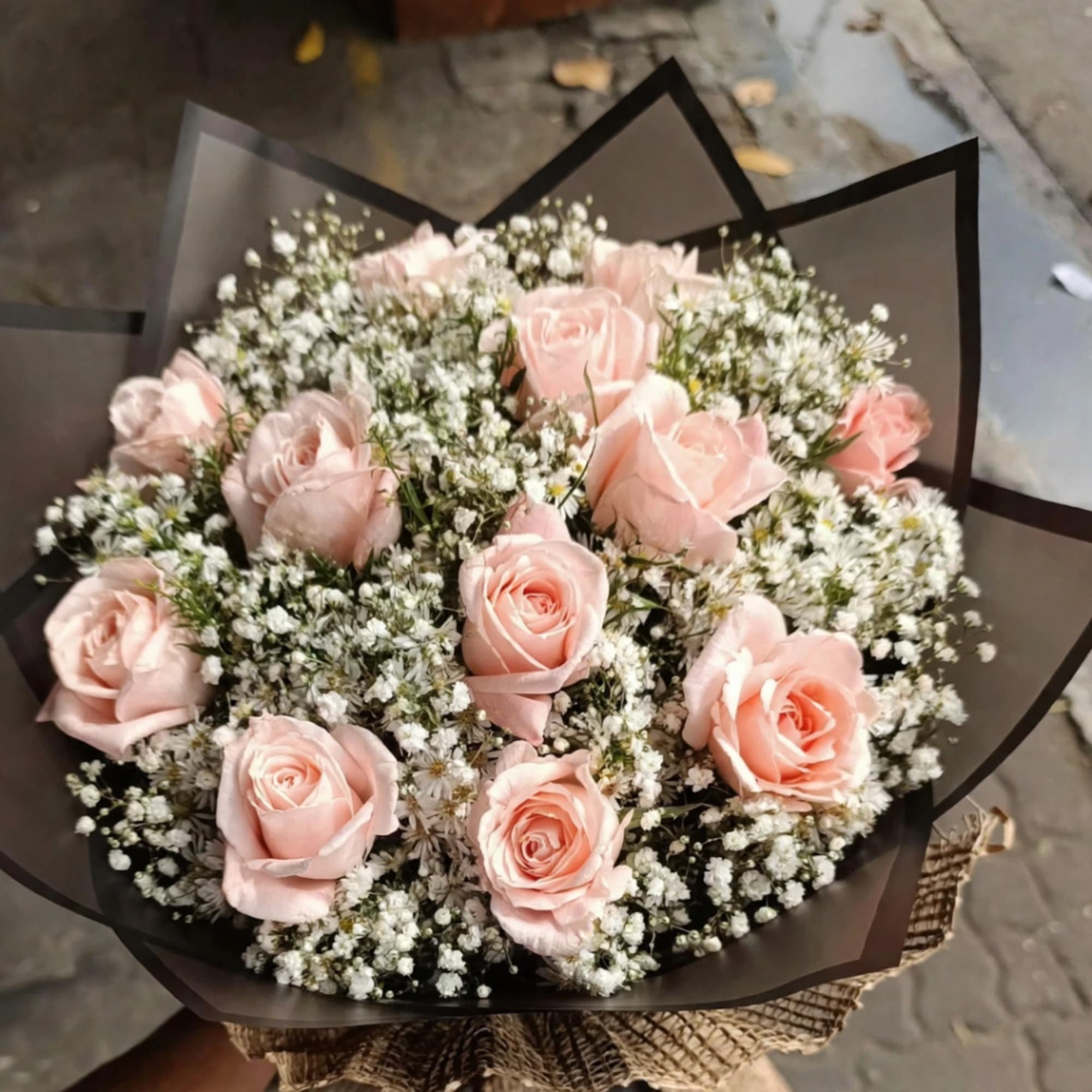 Bouquet of pale pink roses and white baby's breath wrapped in dark paper