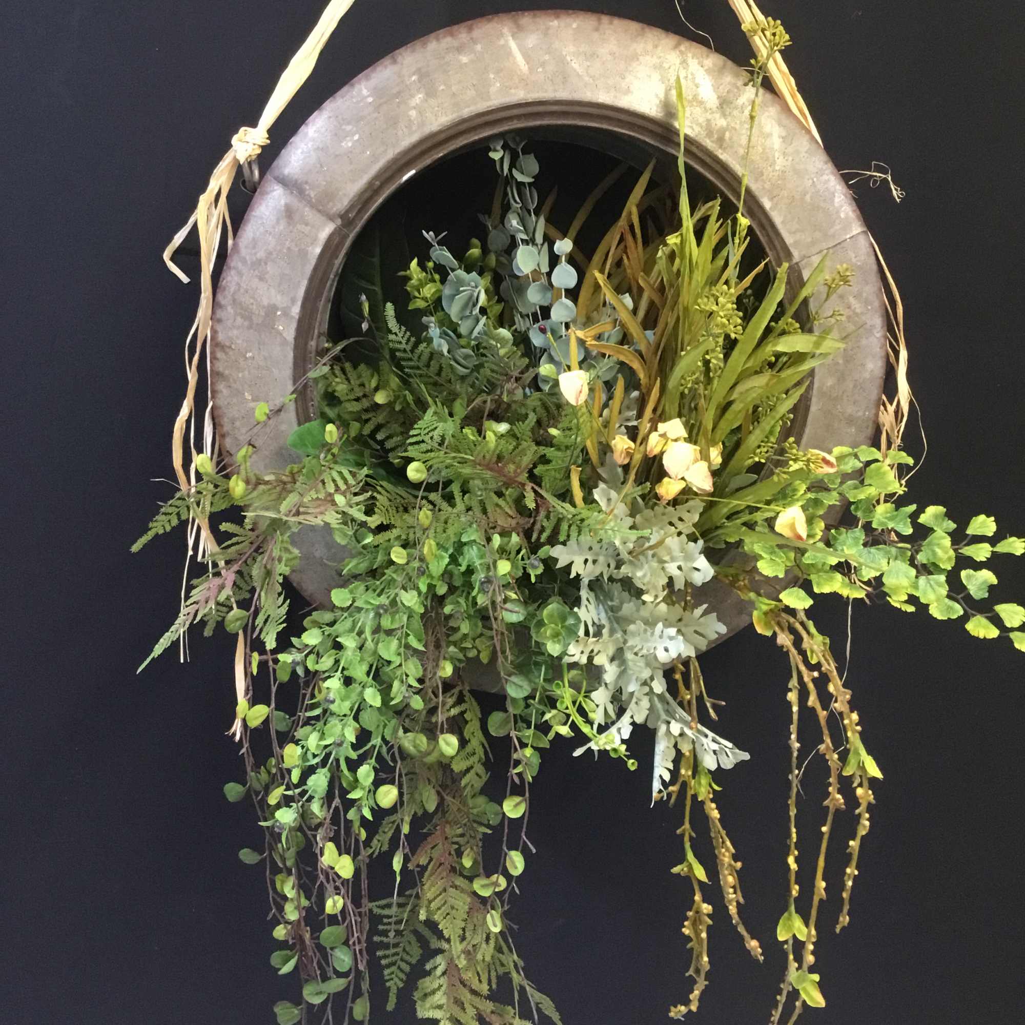 Hanging circular planter with trailing green foliage against a dark background