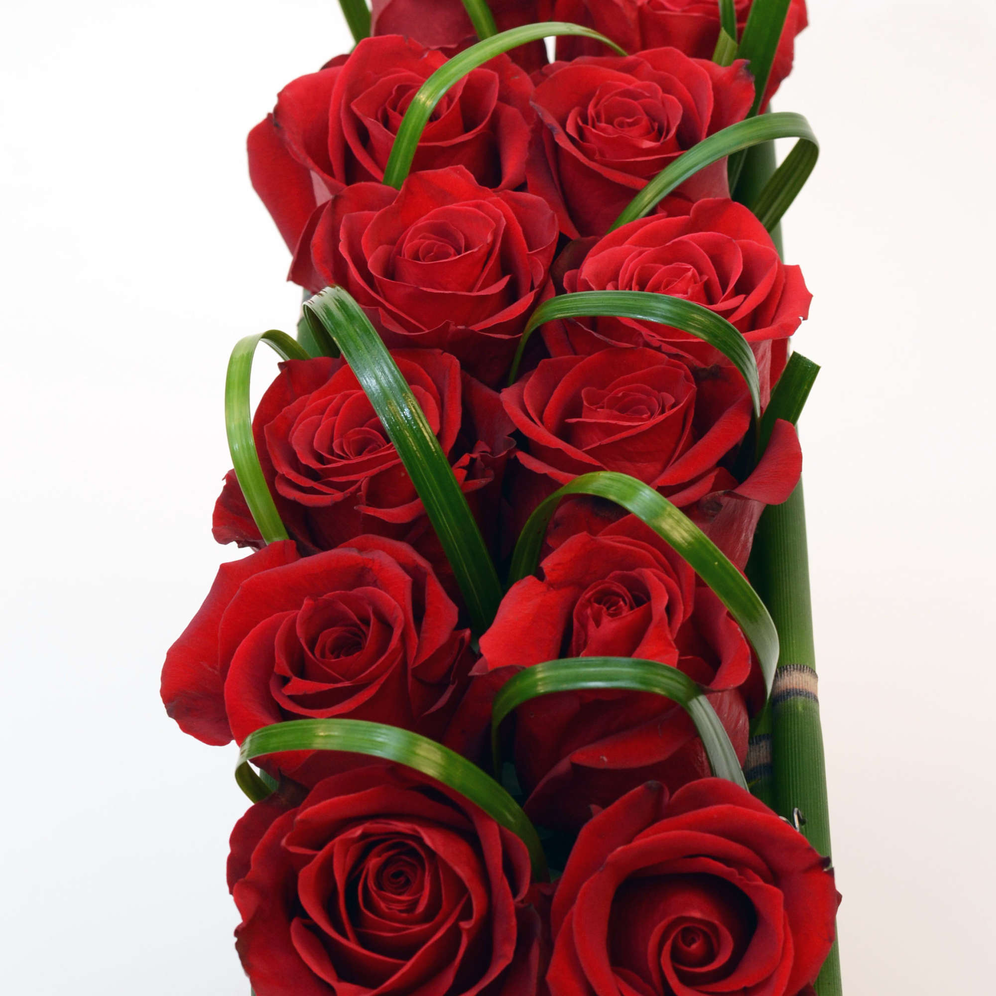 Red roses in a unique one-of-a-kind wooden half-moon 