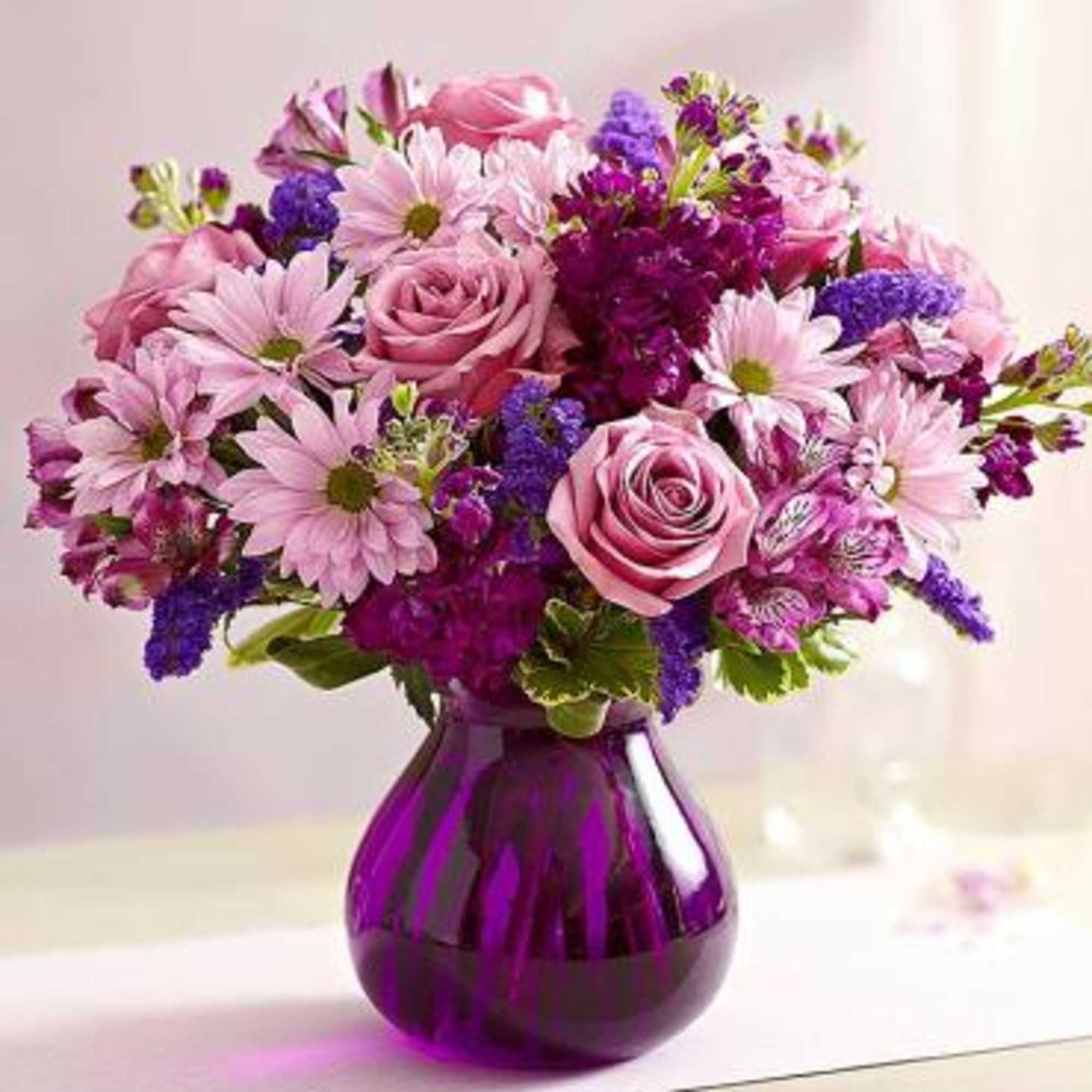 Send her this beautiful bouquet of lovely roses, daisy poms, stock  Send her this beautiful bouquet of lovely roses, daisy poms, stock
