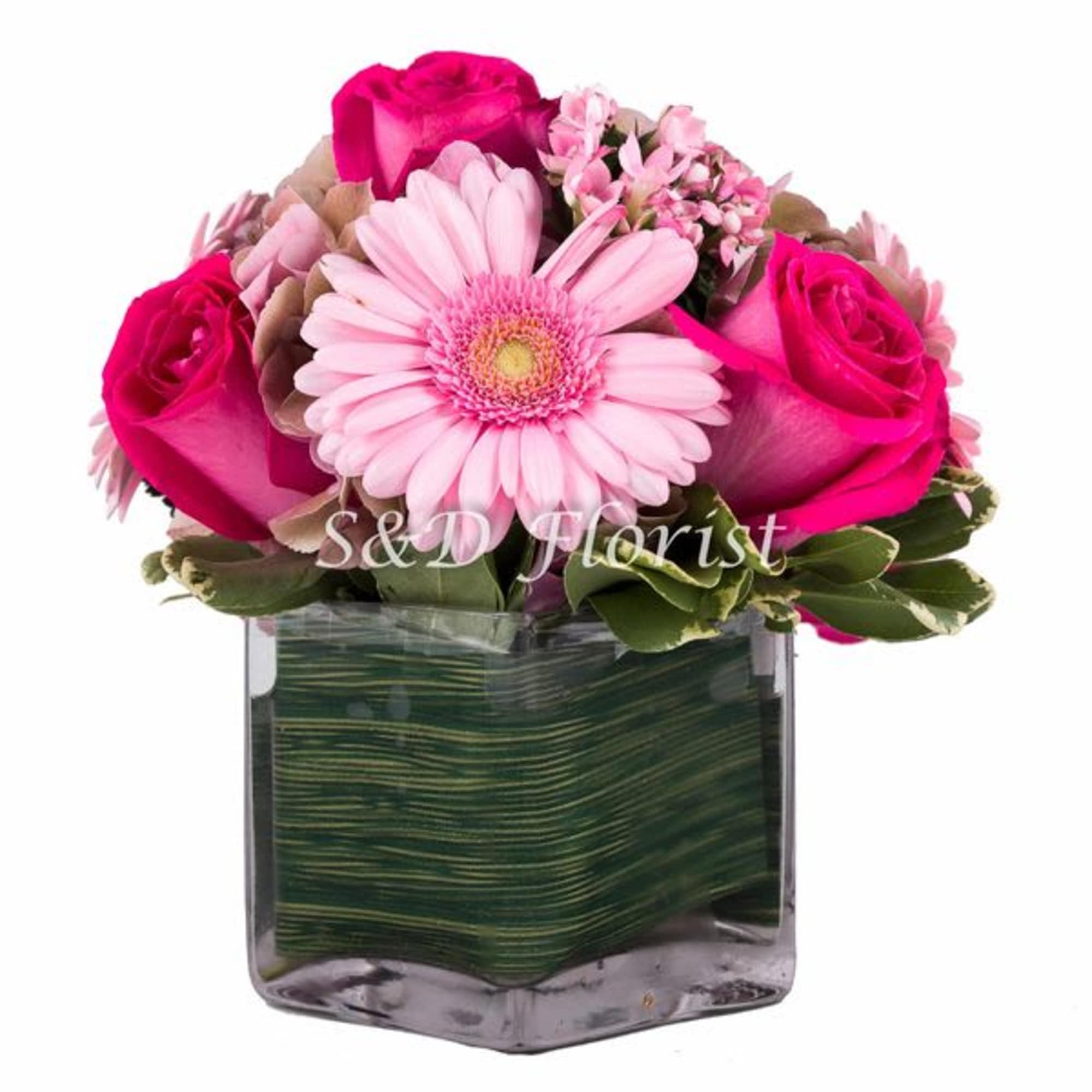 In a 4&quot; square glass vase lined with ti leaf containing pink/green