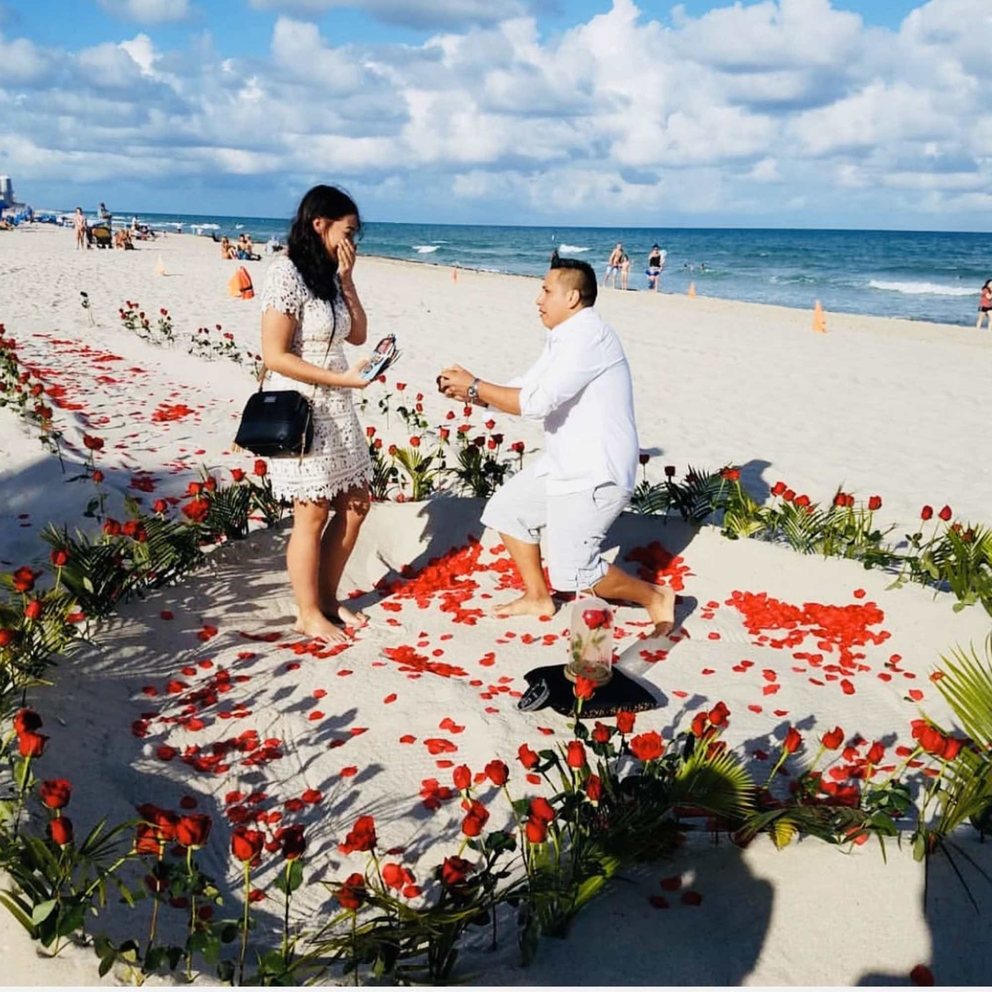 Package includes 100 fresh roses, building from the sand a heart and