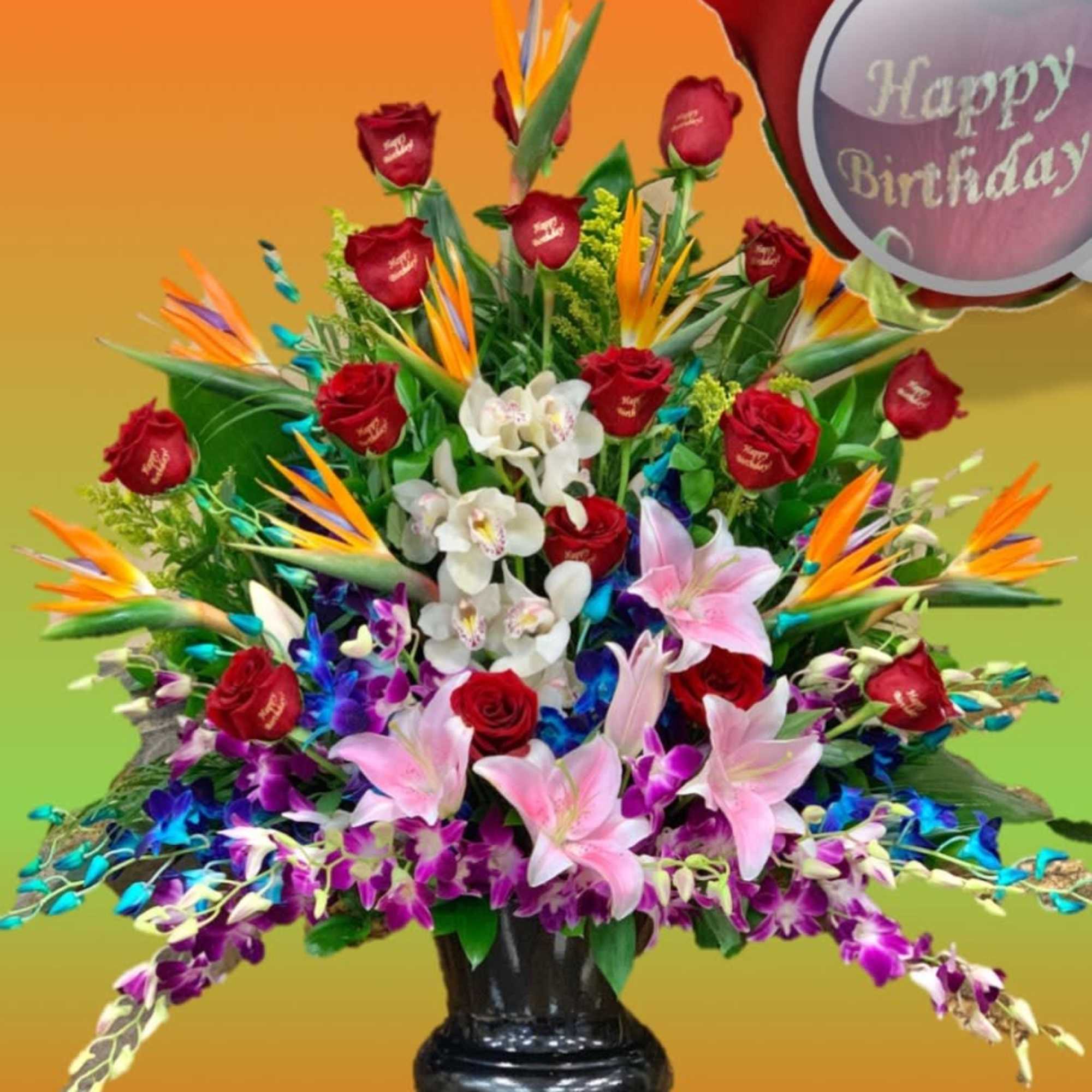 With 15 red roses, each embossed with gold ink right on the