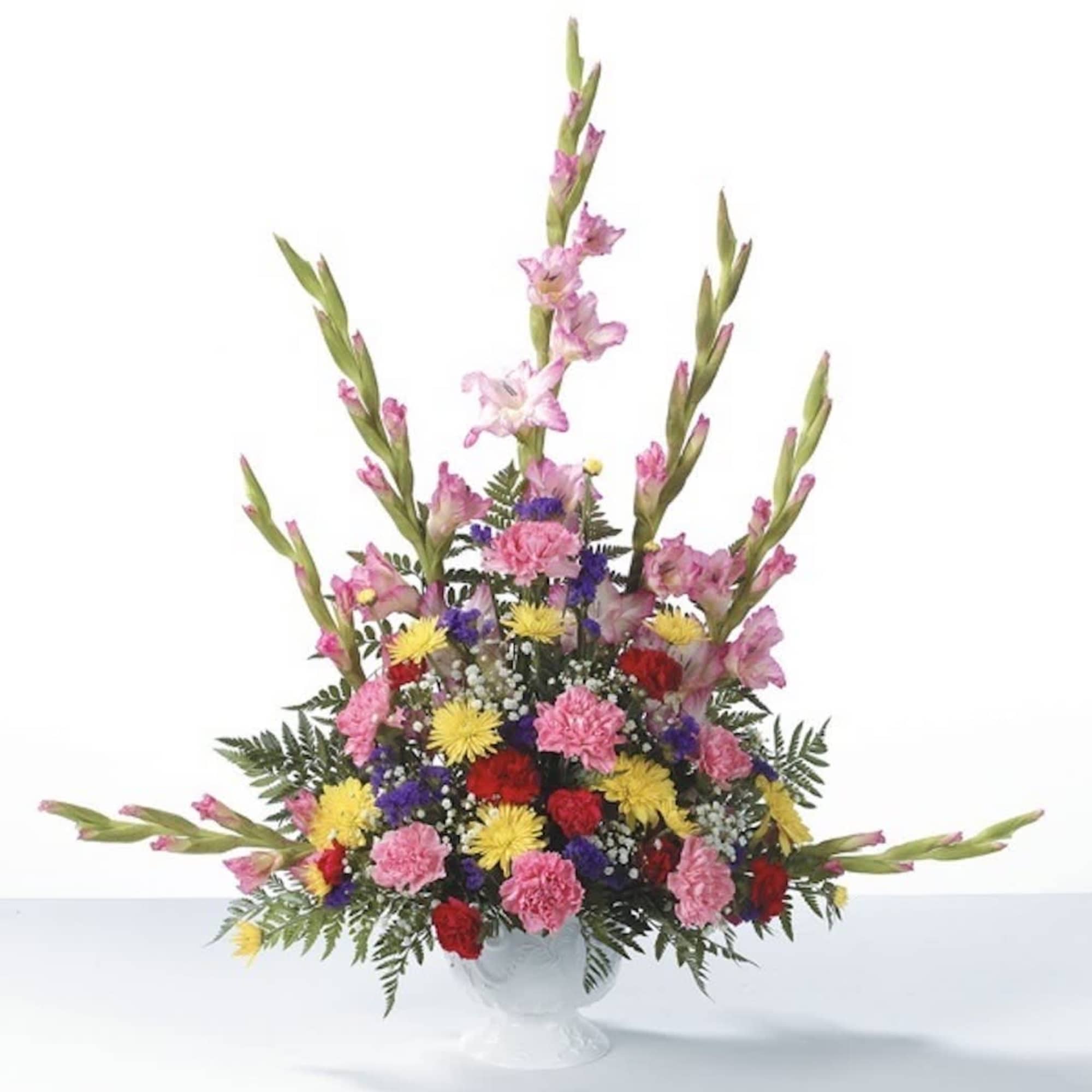 Pink Gladiolus radiate from a garden of Red and Pink Carnations, Yellow