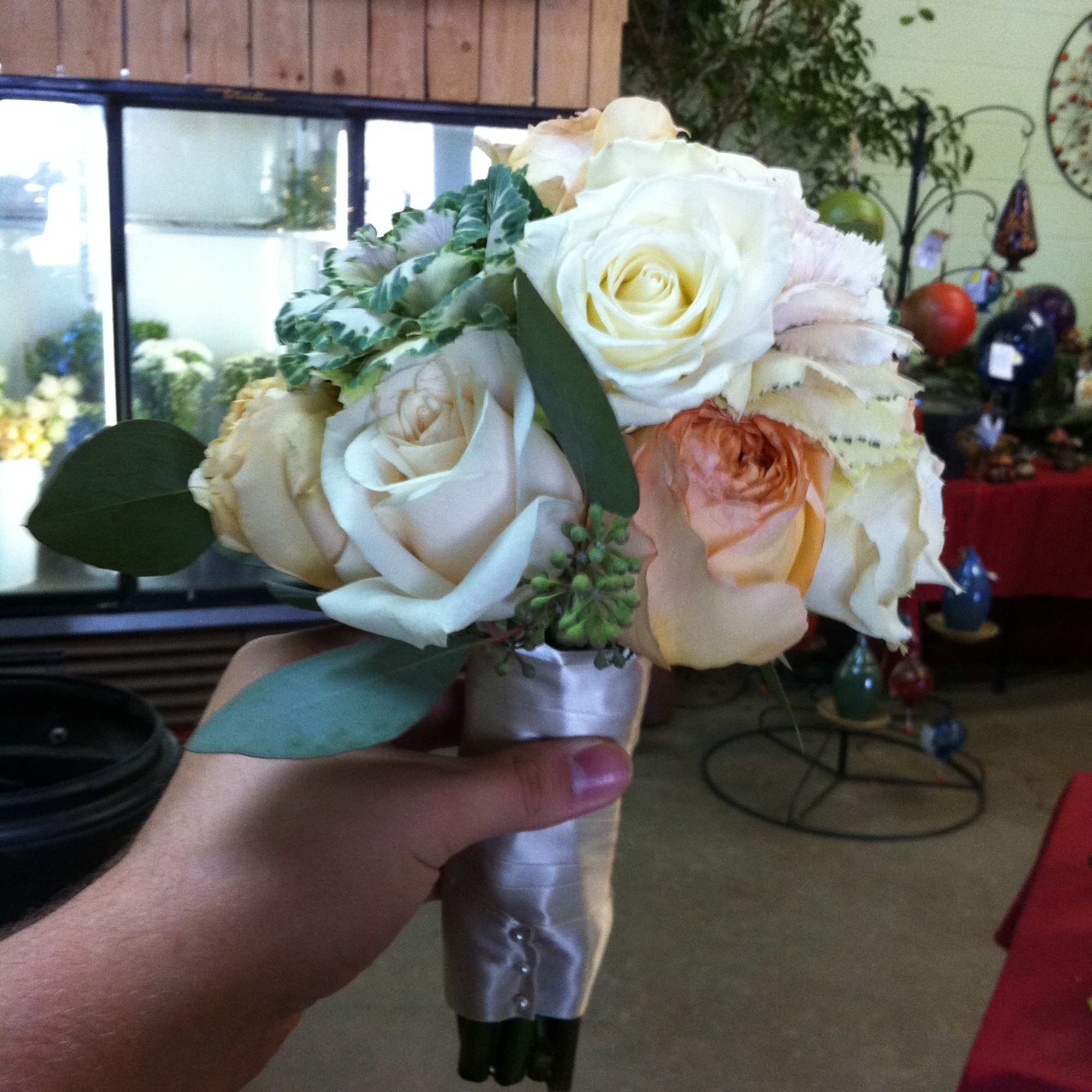 For something a little different. This has flowering cabbage, cream, white, light For something a little different. This has flowering cabbage, cream, white, light