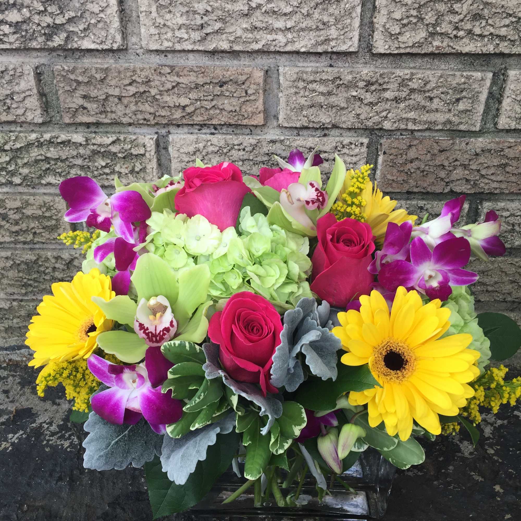 Rectangular Vase with lime green hydrangea, green cymbidium orchids, yellow gerbera Daisy