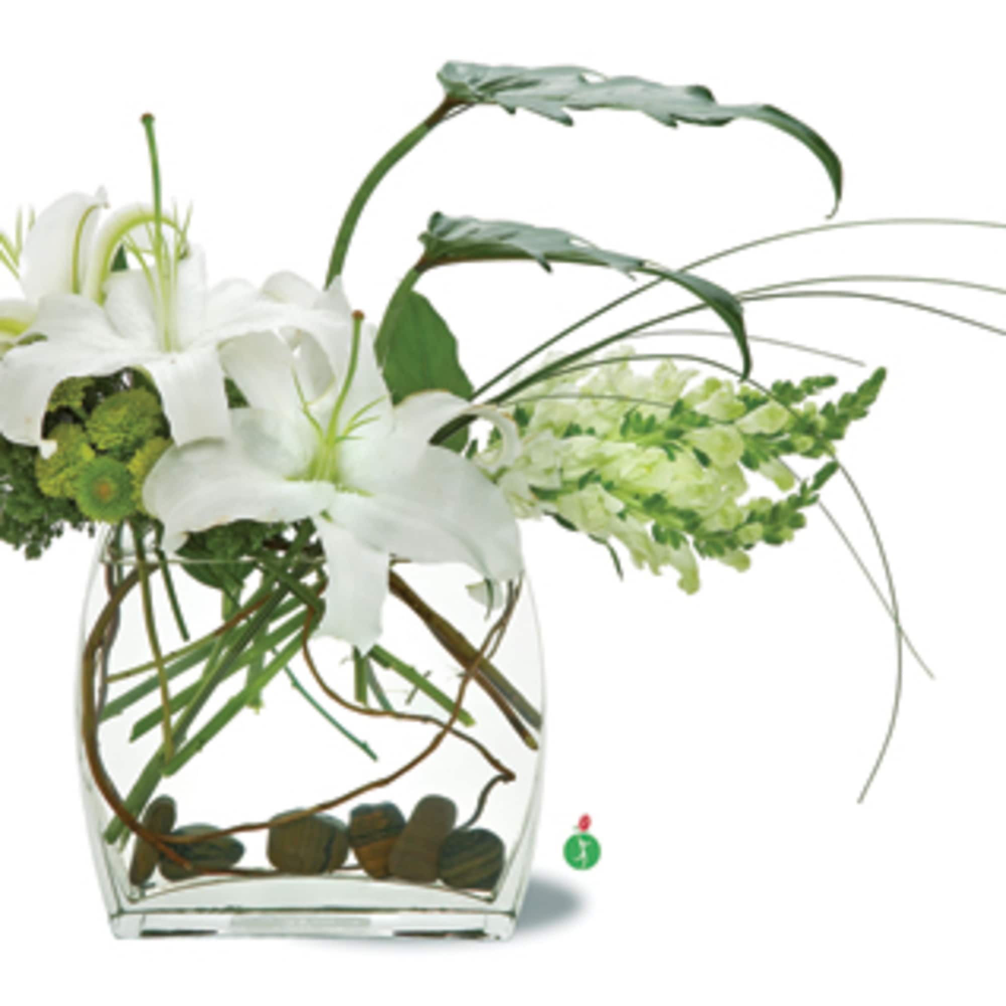A bold display of white blossoms such as oriental lilies and snapdragons A bold display of white blossoms such as oriental lilies and snapdragons