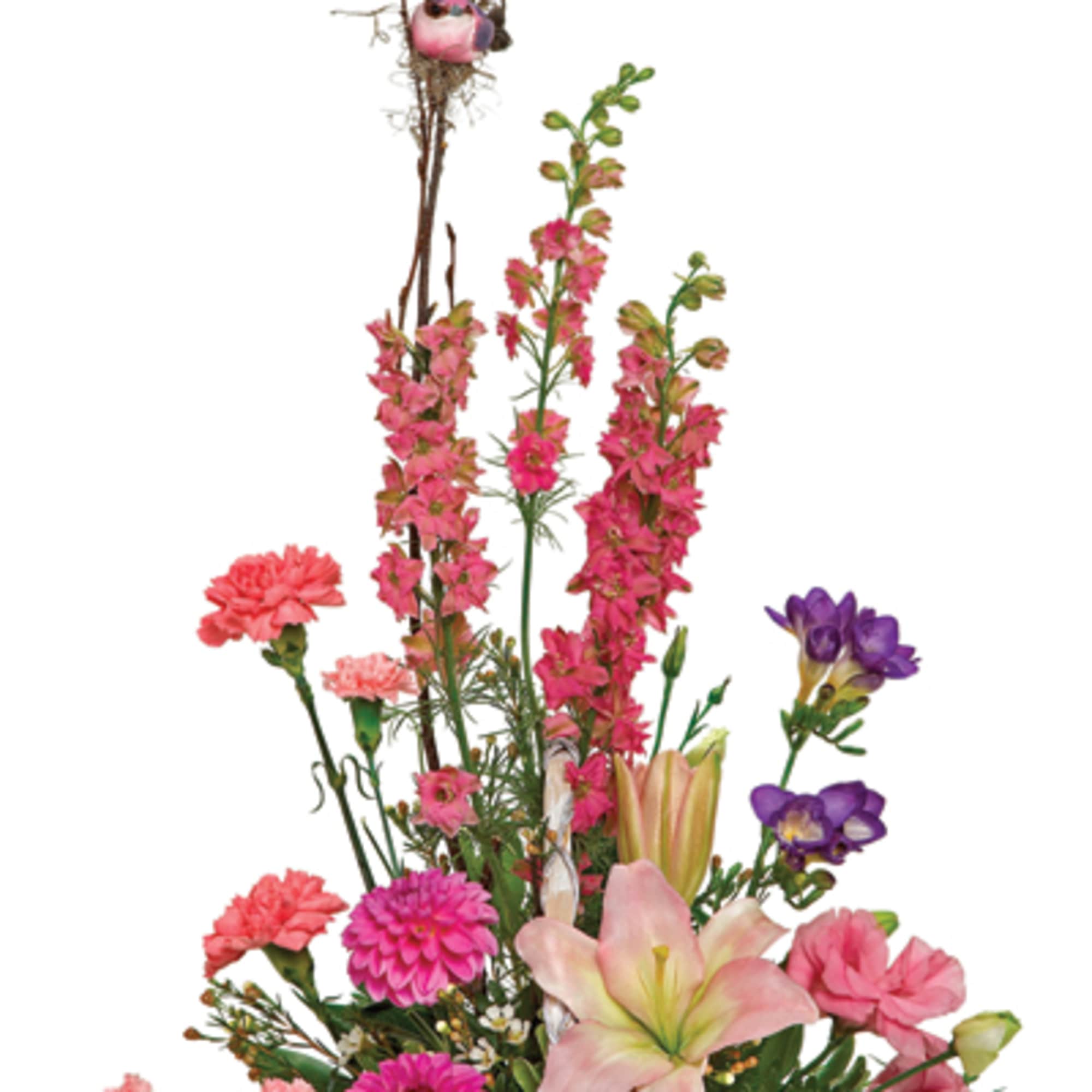 Bright pink and purple blossoms seem to burst exuberantly from a natural Bright pink and purple blossoms seem to burst exuberantly from a natural