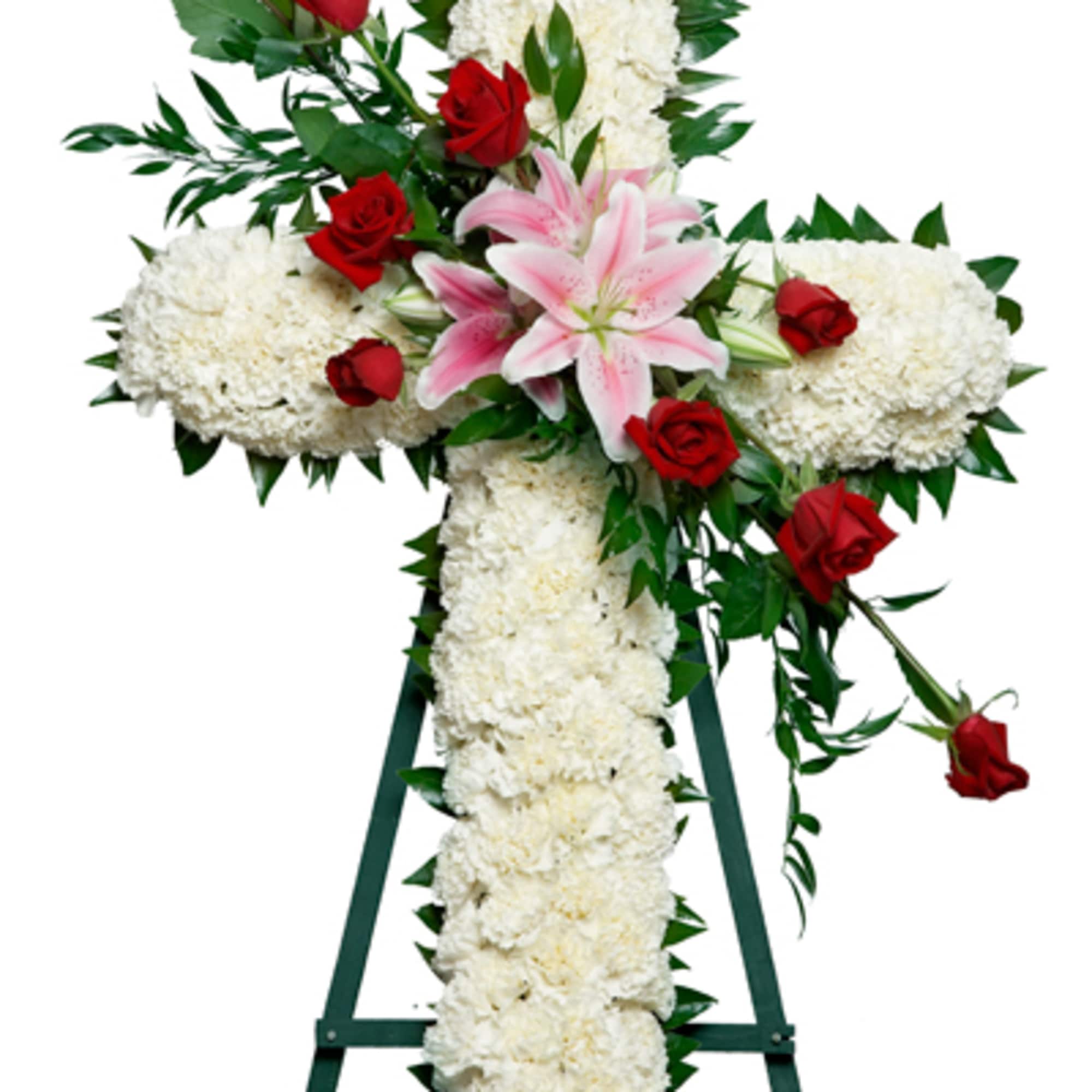 Commemorate fidelity with this standing spray cross of white blossoms adorned with Commemorate fidelity with this standing spray cross of white blossoms adorned with