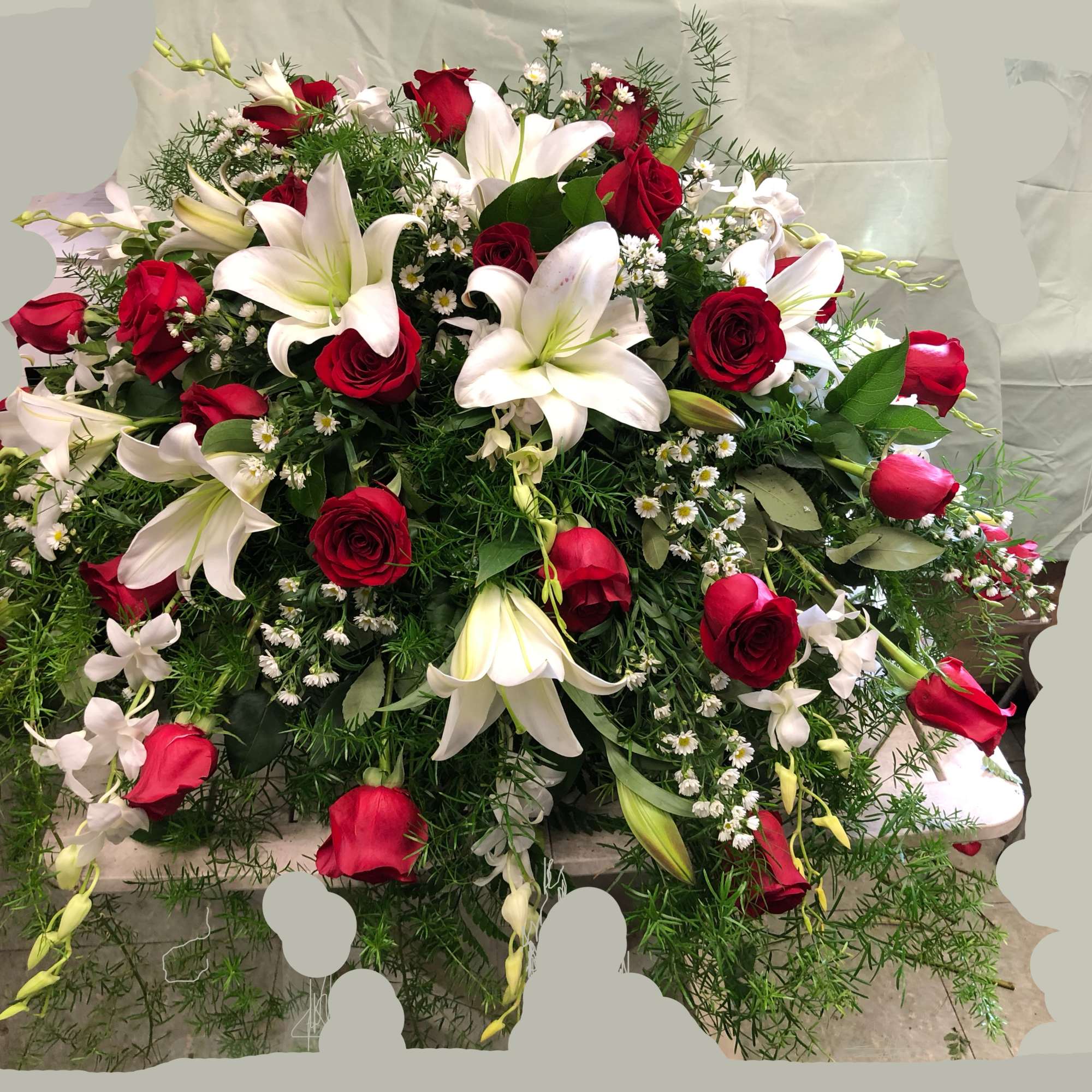 Our "Peaceful Passing" casket cover is a tribute in red and white. Our "Peaceful Passing" casket cover is a tribute in red and white.