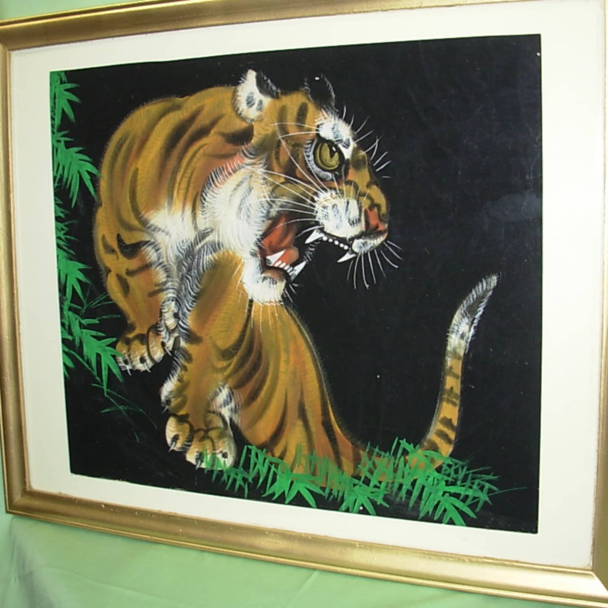 This original signed Japanese painting of a tiger is watercolors  on