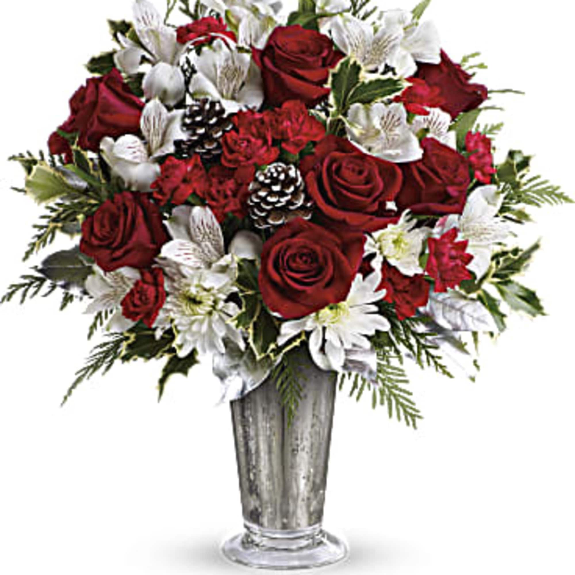 Beautiful red roses, white alstroemeria, miniature red carnations and white cushion chrysanthemums Beautiful red roses, white alstroemeria, miniature red carnations and white cushion chrysanthemums