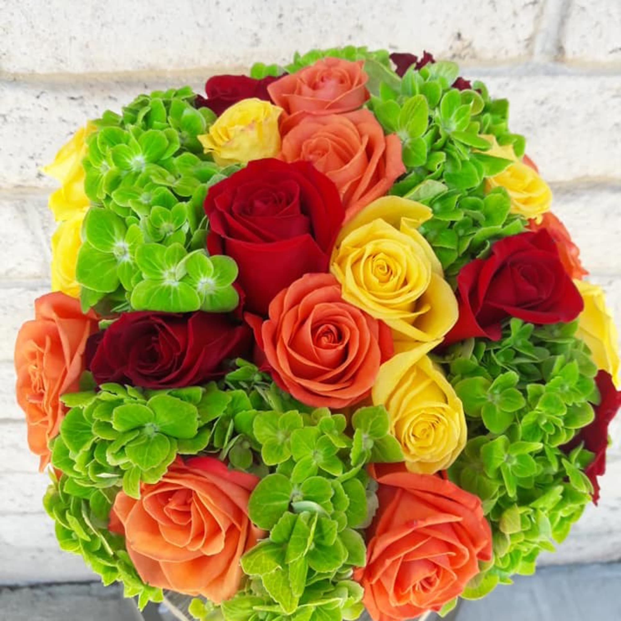  Mix of Bright roses and Green hydrangeas. 