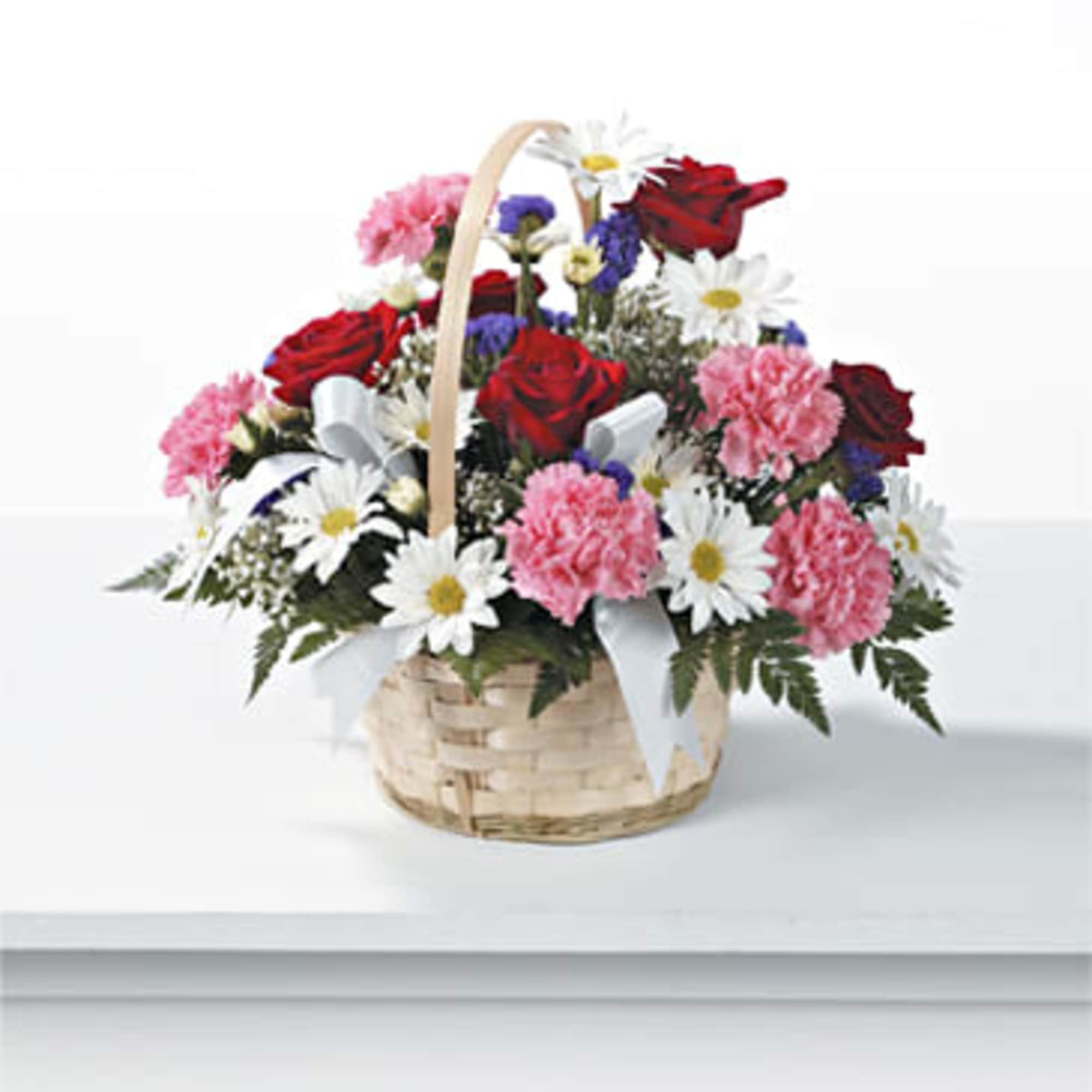 Red roses, pink carnations and white daiseies with baby&#039;s breath and purple