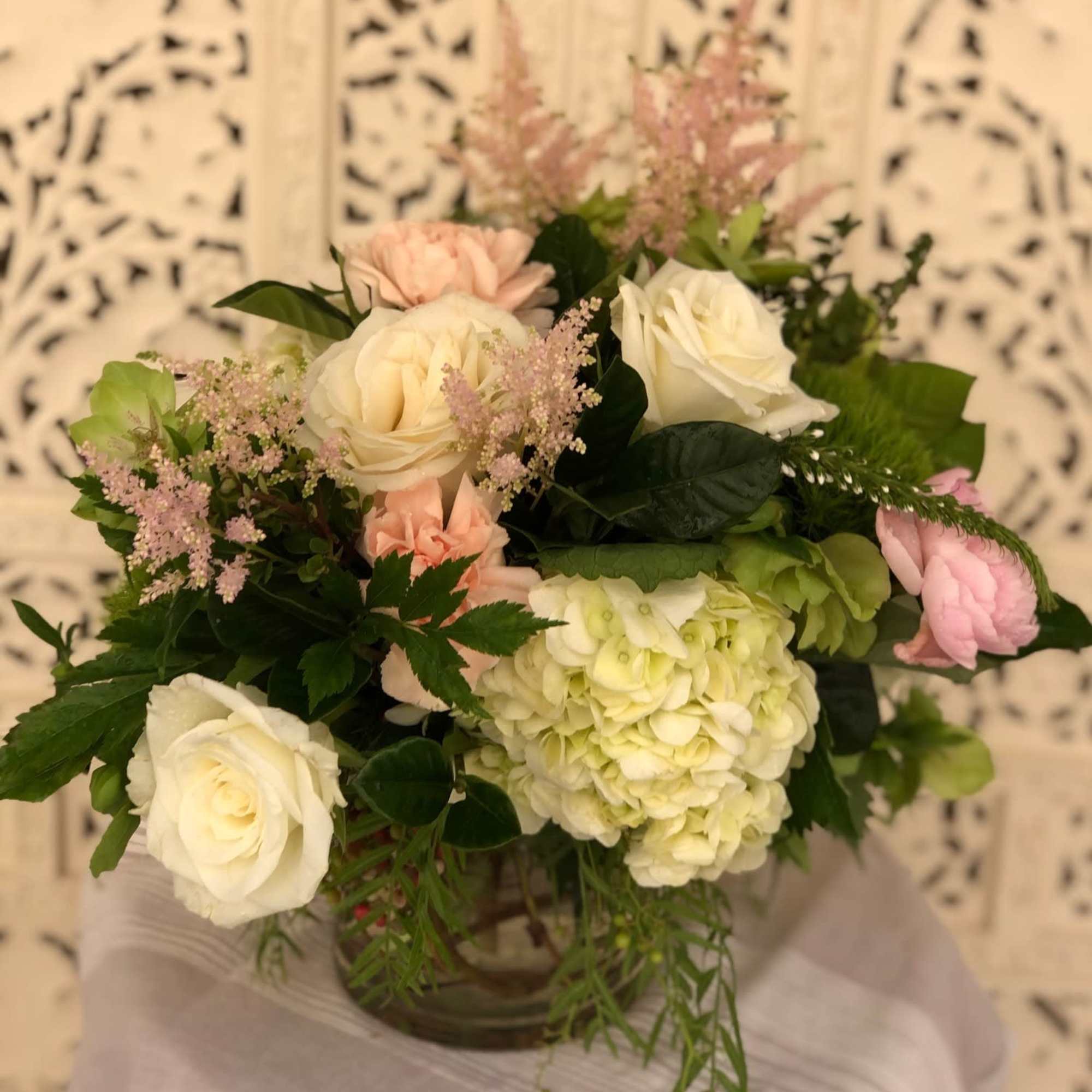 Gorgeous collection of whites, greens, blushes and pink accents all presented in