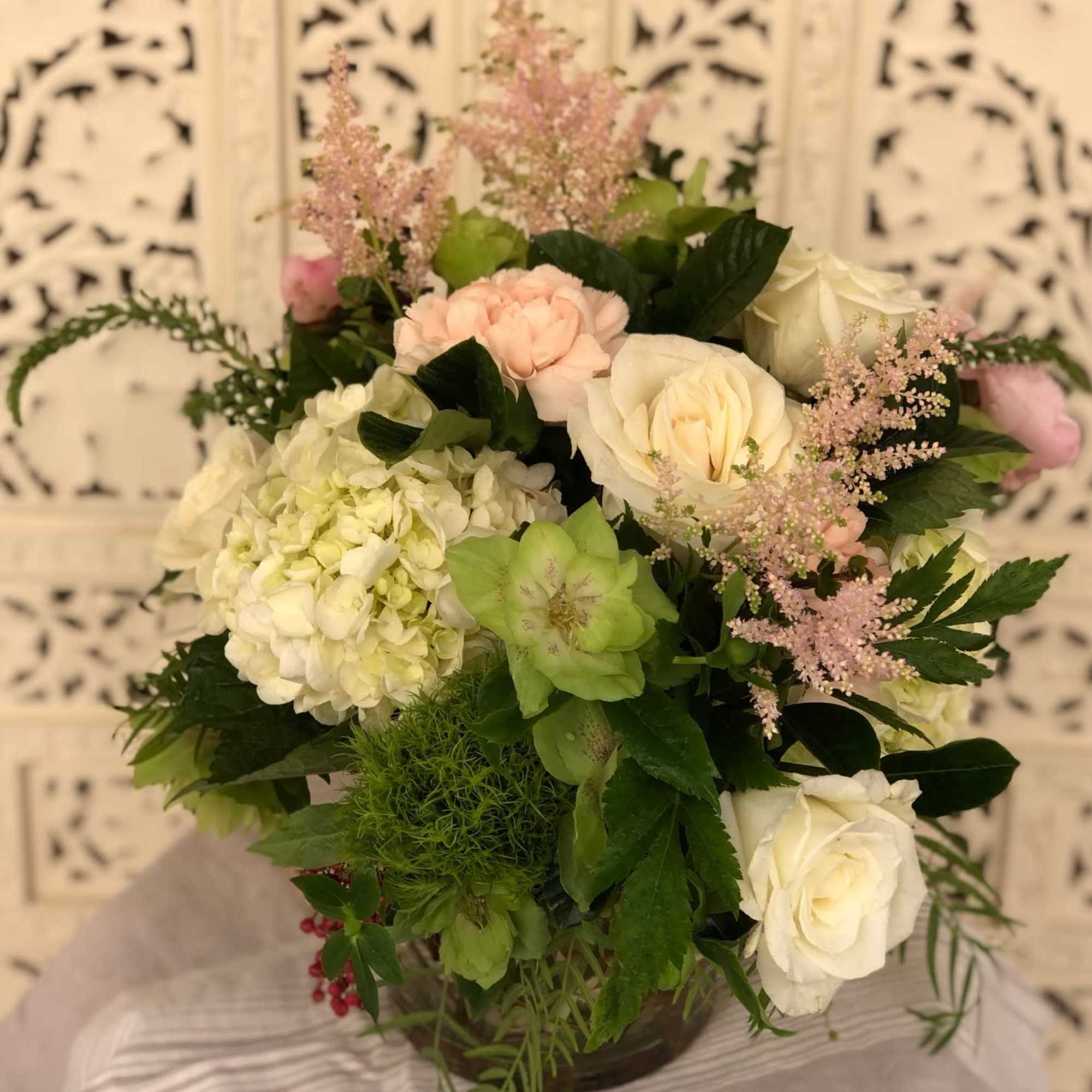 Gorgeous collection of whites, greens, blushes and pink accents all presented in