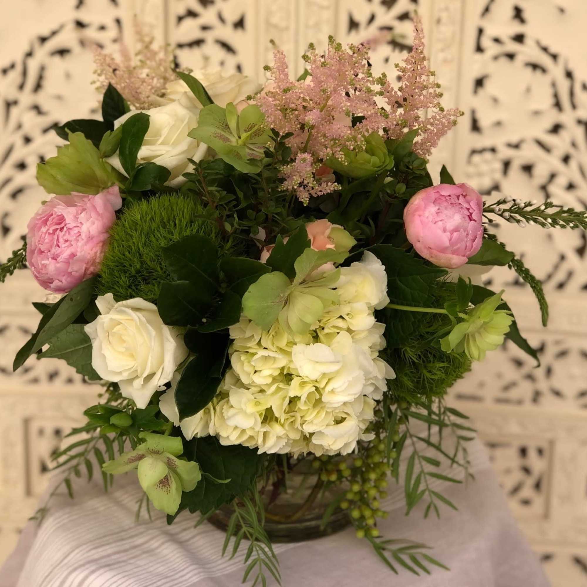 Gorgeous collection of whites, greens, blushes and pink accents all presented in