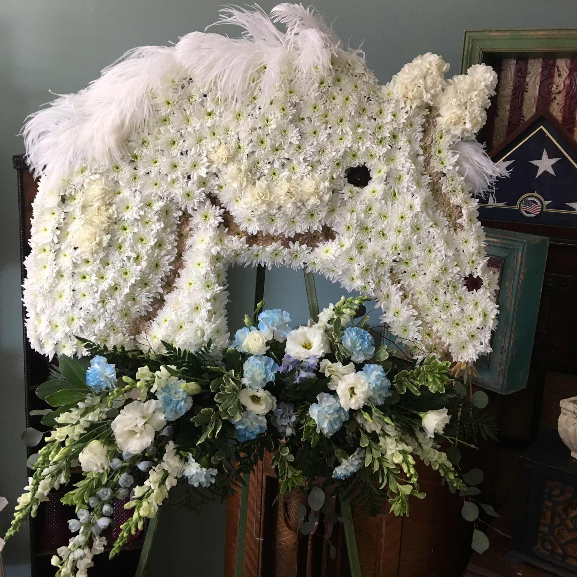 36" x 24" horse with cluster of flowers including white mums, carnations 36" x 24" horse with cluster of flowers including white mums, carnations