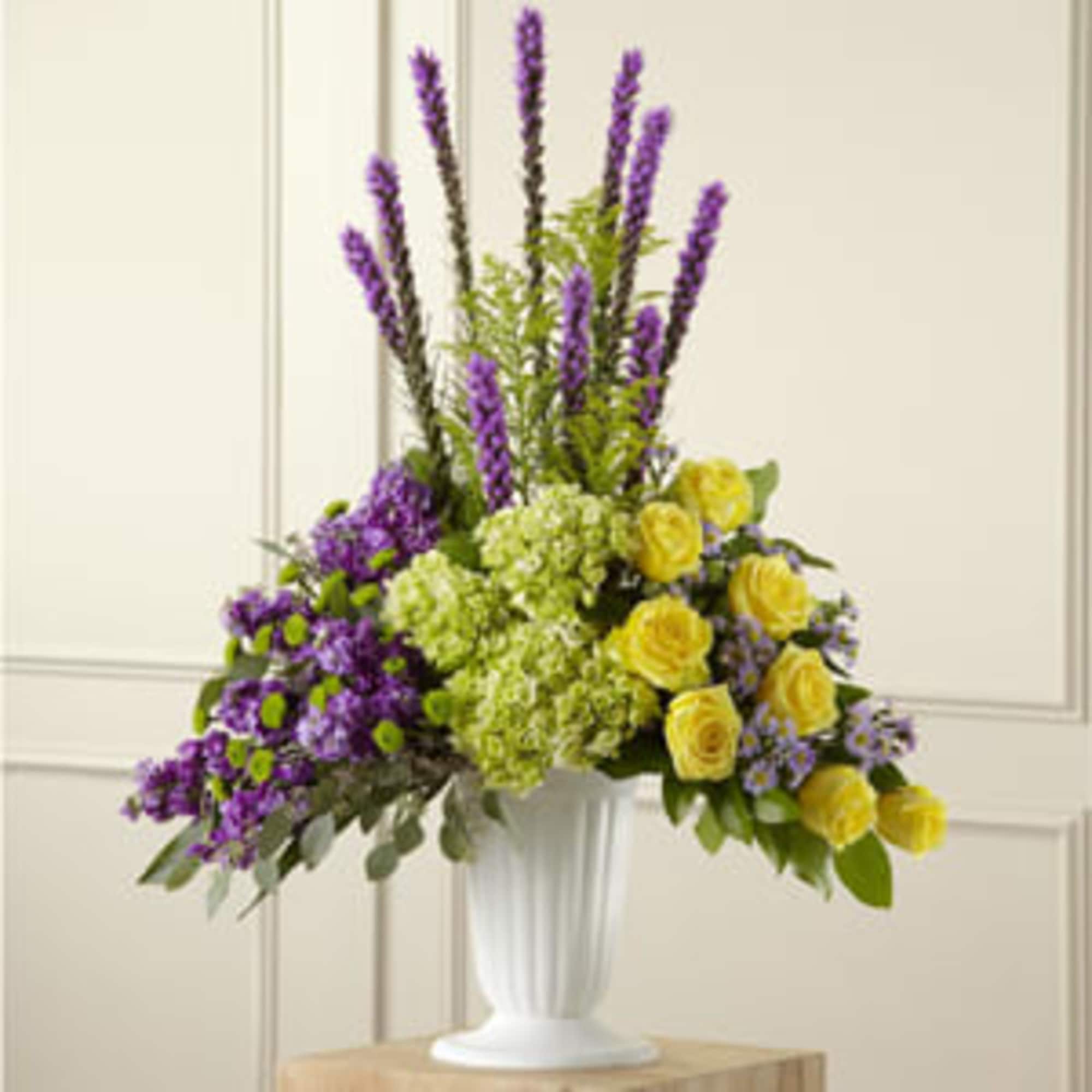 Contrasting blooms of purple, green and yellow create an original and beautiful