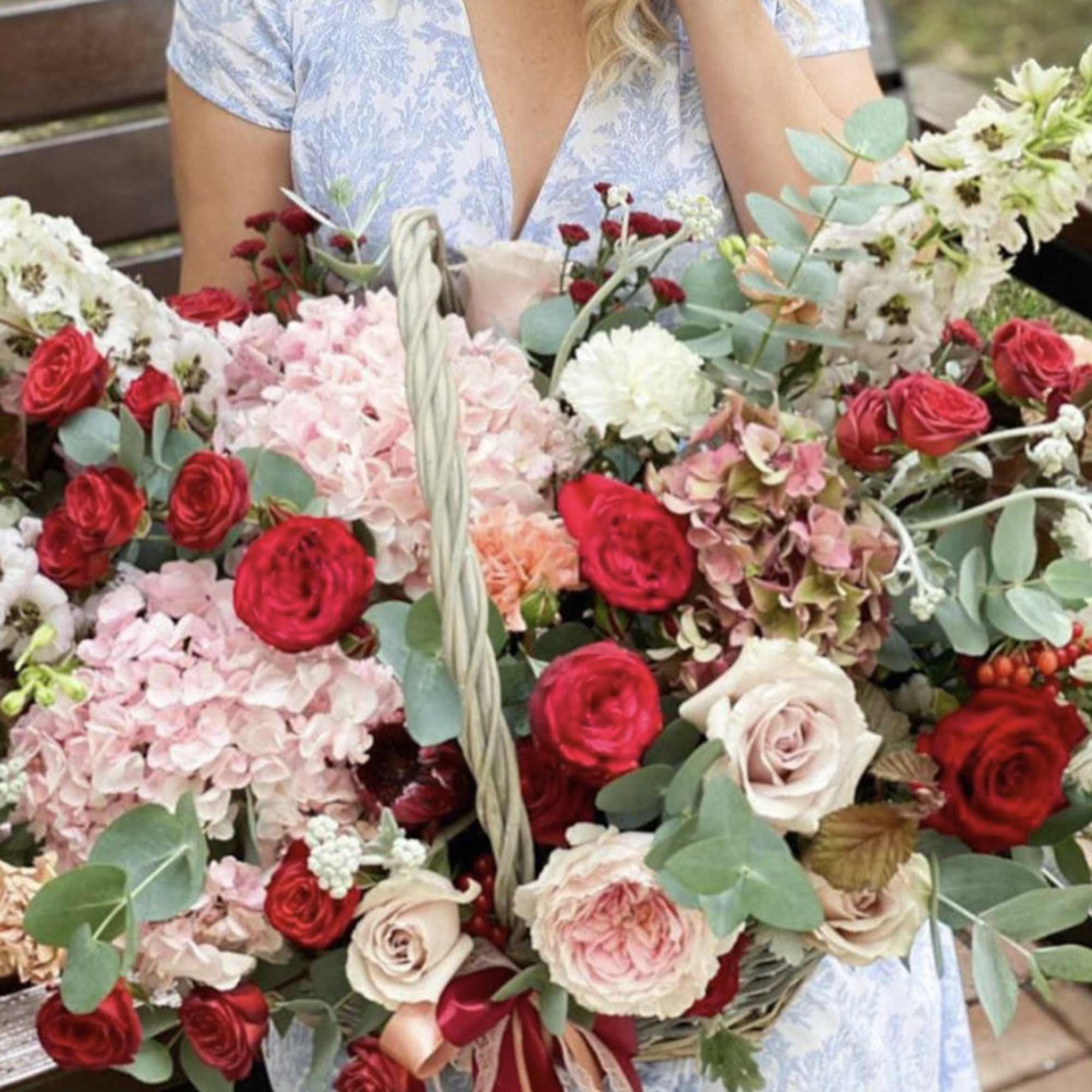 Luxury freshest blooms arranged in a large basket.