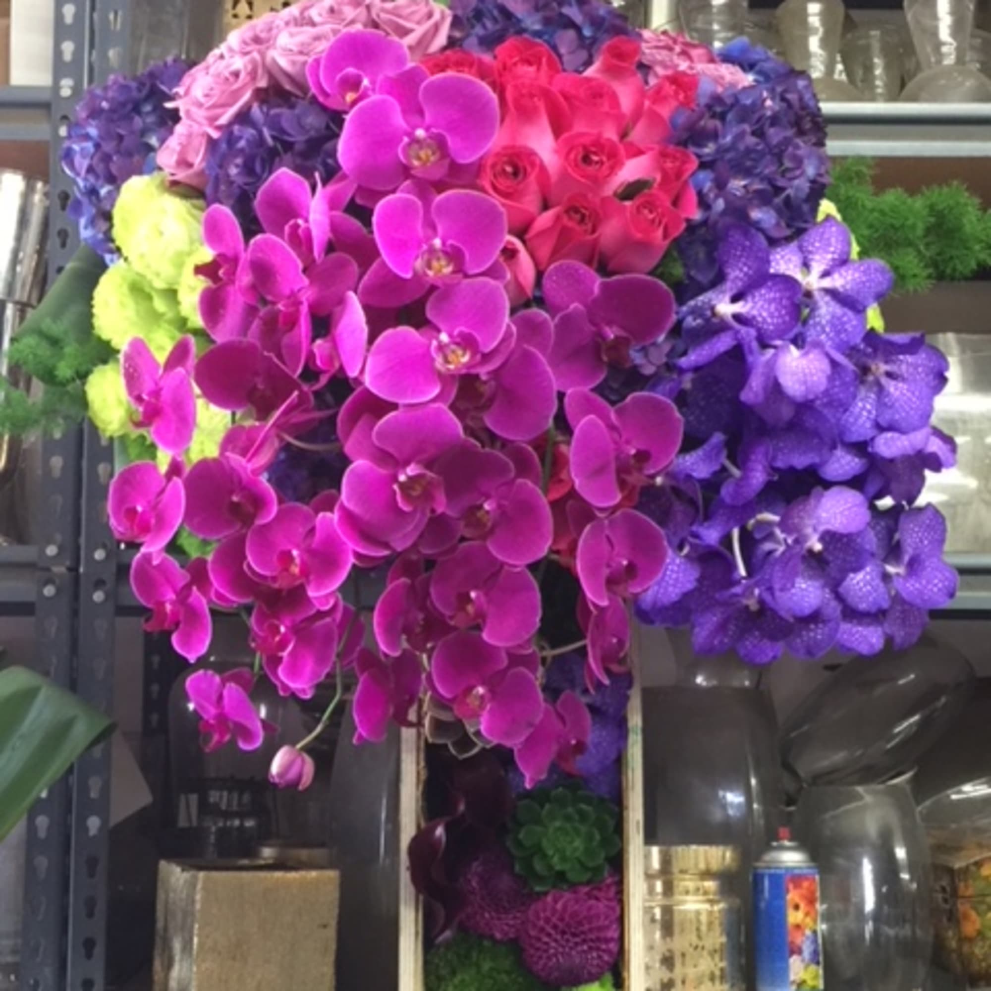This grand arrangement is filled with the colors of the rainbow and