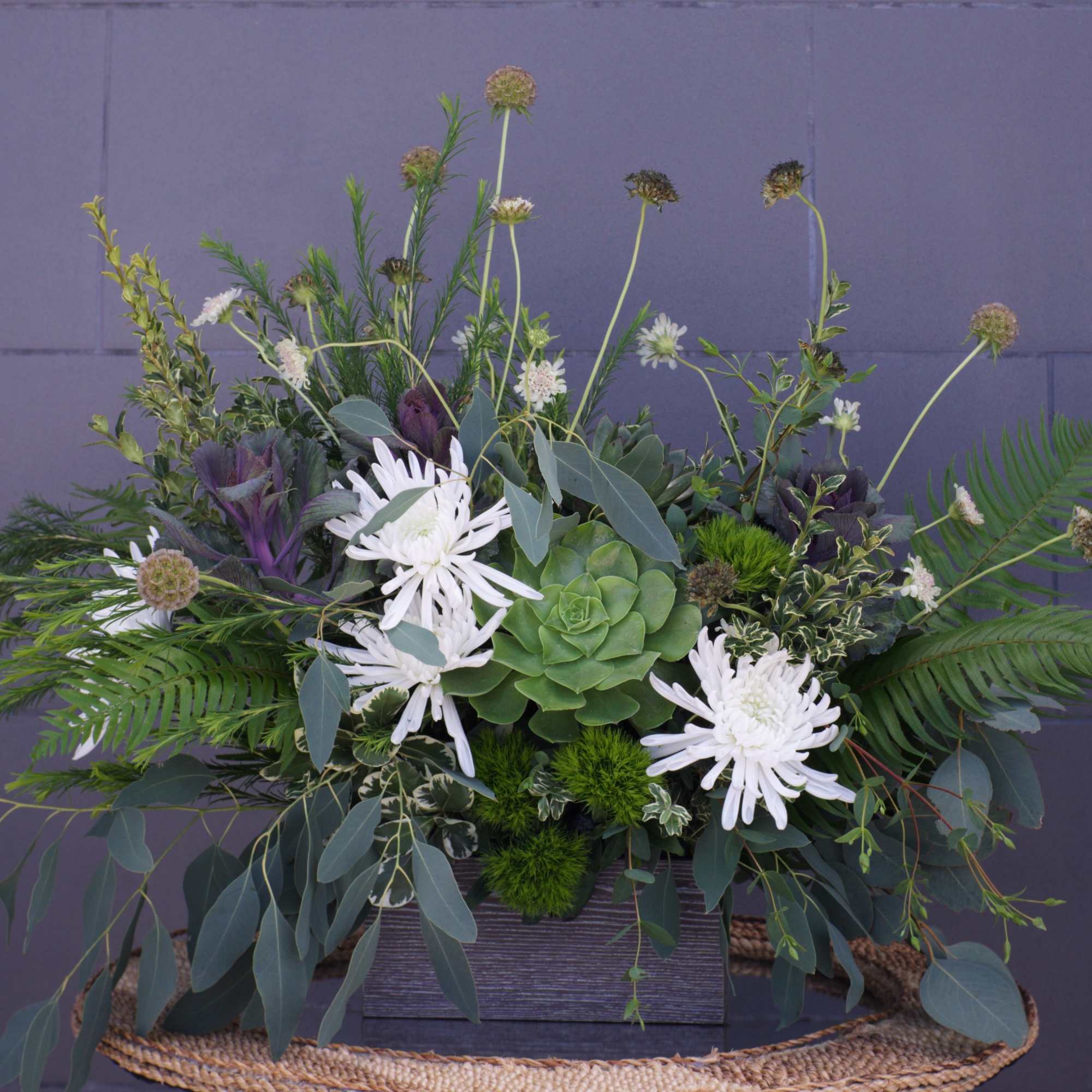 Fresh design including kale flower, succulent, green ball, coffee bean and accents