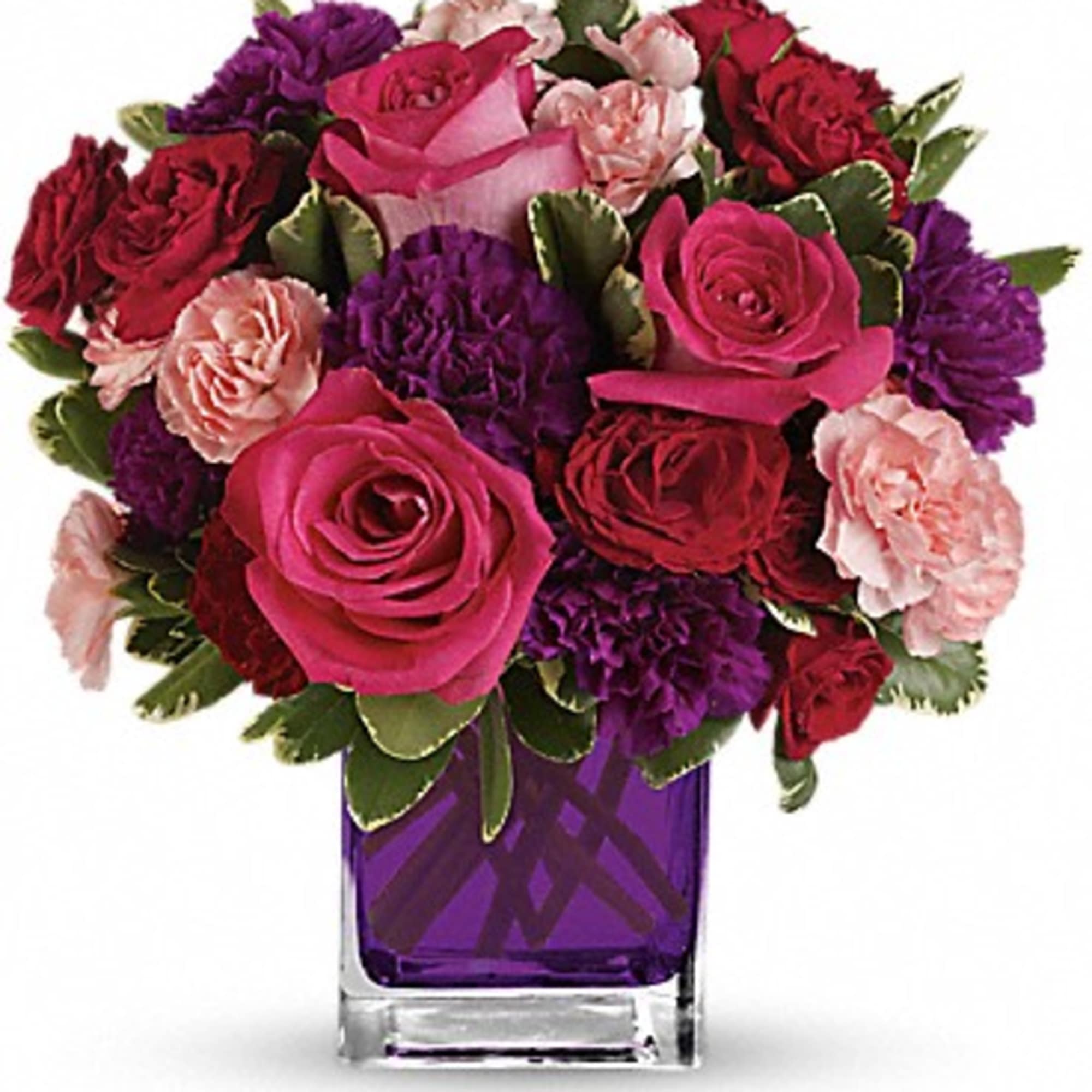 Passionately pink! This bouquet boasts hot pink roses and dark red spray