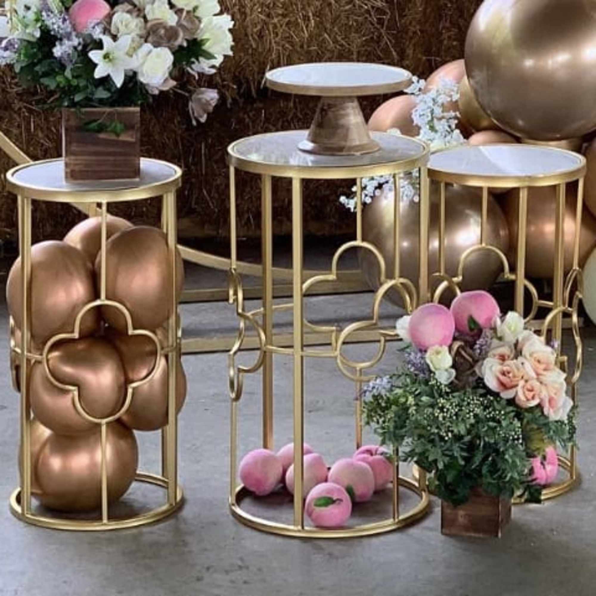 This package includes a circular arch rental, circular balloon garland, 3 desert