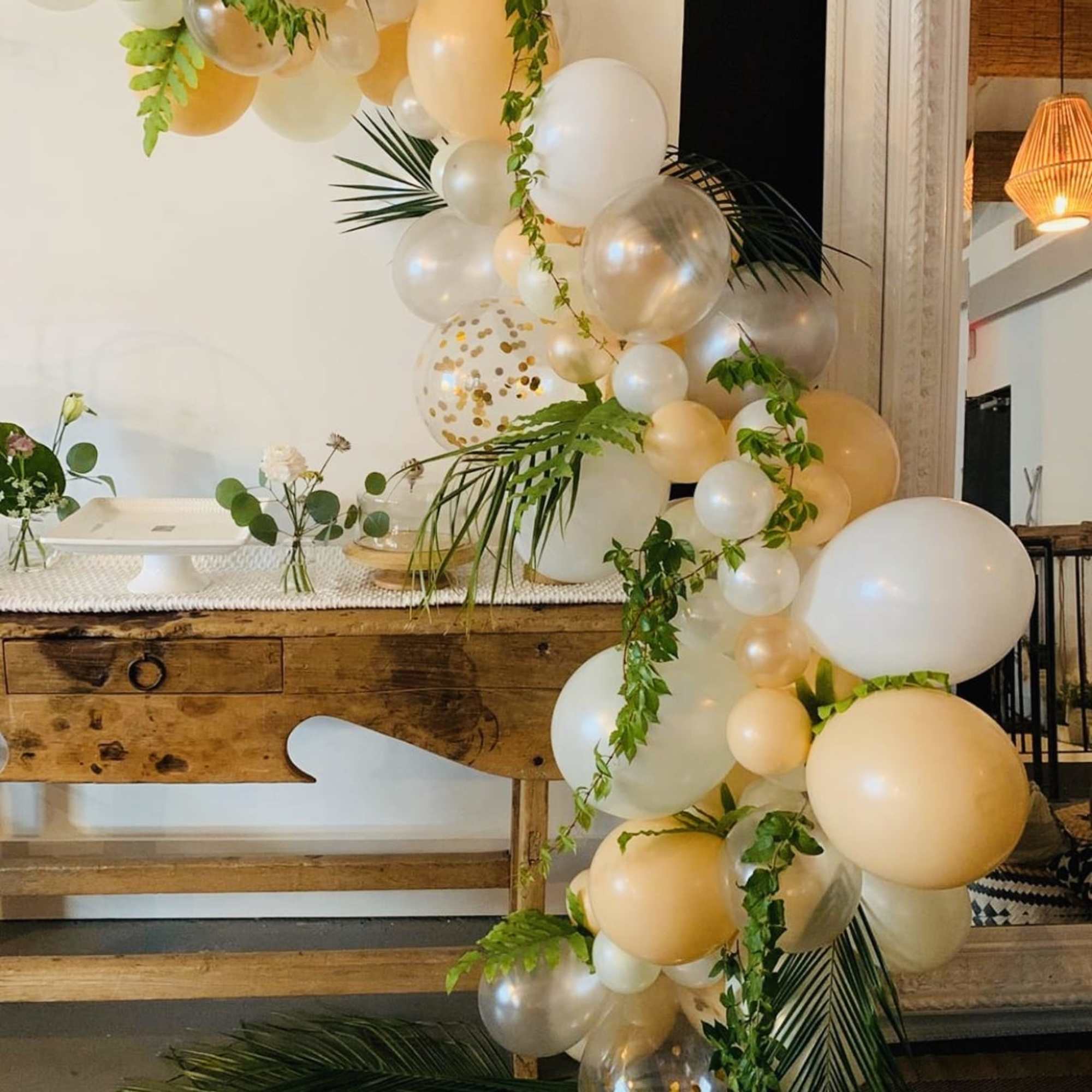 Organic balloon garland typically will include different sizes, types and colors of