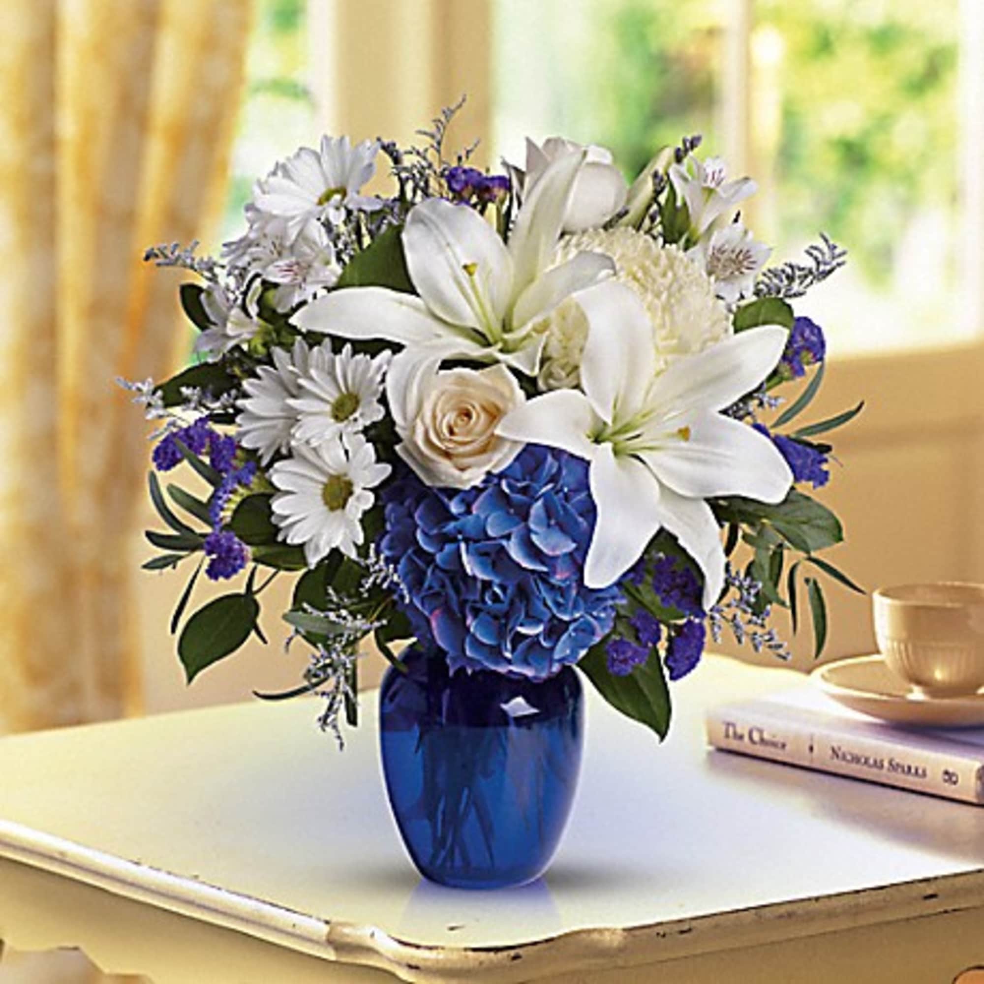 In this arrangement, the serenity of the color blue along with the