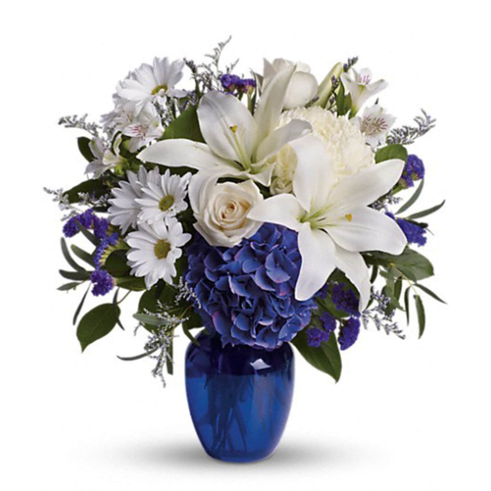 In this arrangement, the serenity of the color blue along with the