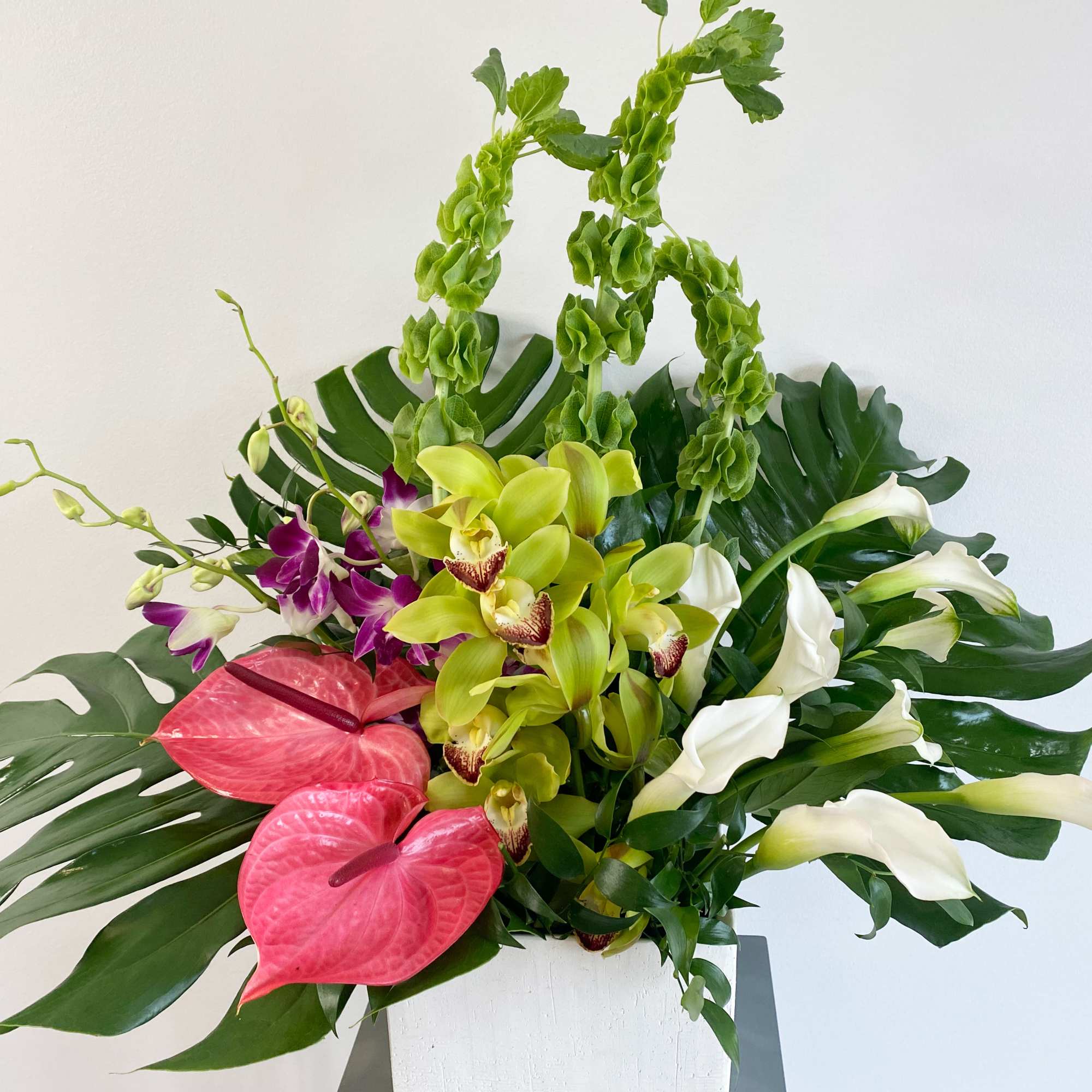 A tropical knockout. Green Cymbidium, White Cala Lily, and Anthuriums surrounded by A tropical knockout. Green Cymbidium, White Cala Lily, and Anthuriums surrounded by