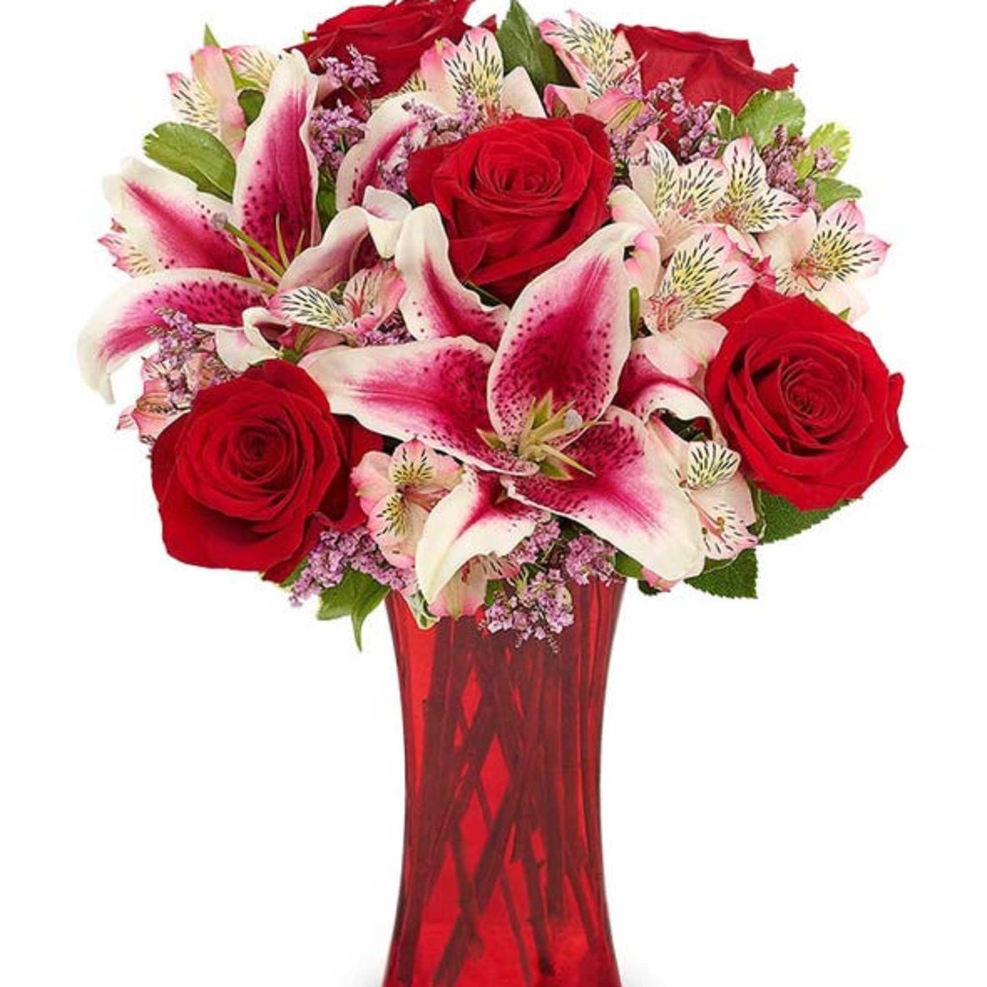 This beautiful arrangement has red roses, pink stargazer lillies, white allstroemeria, purple
