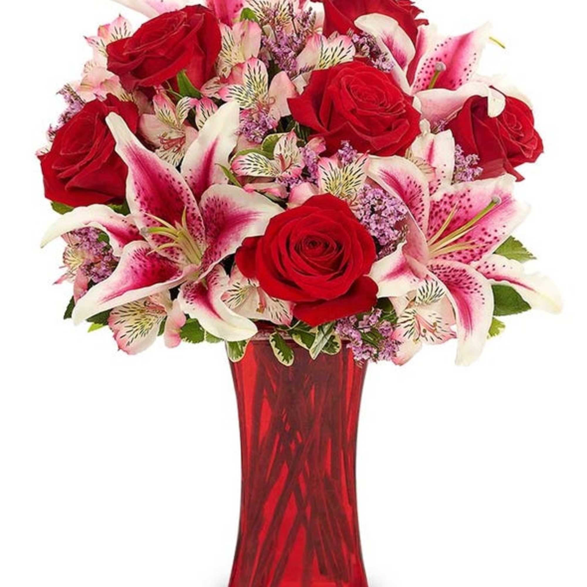 This beautiful arrangement has red roses, pink stargazer lillies, white allstroemeria, purple