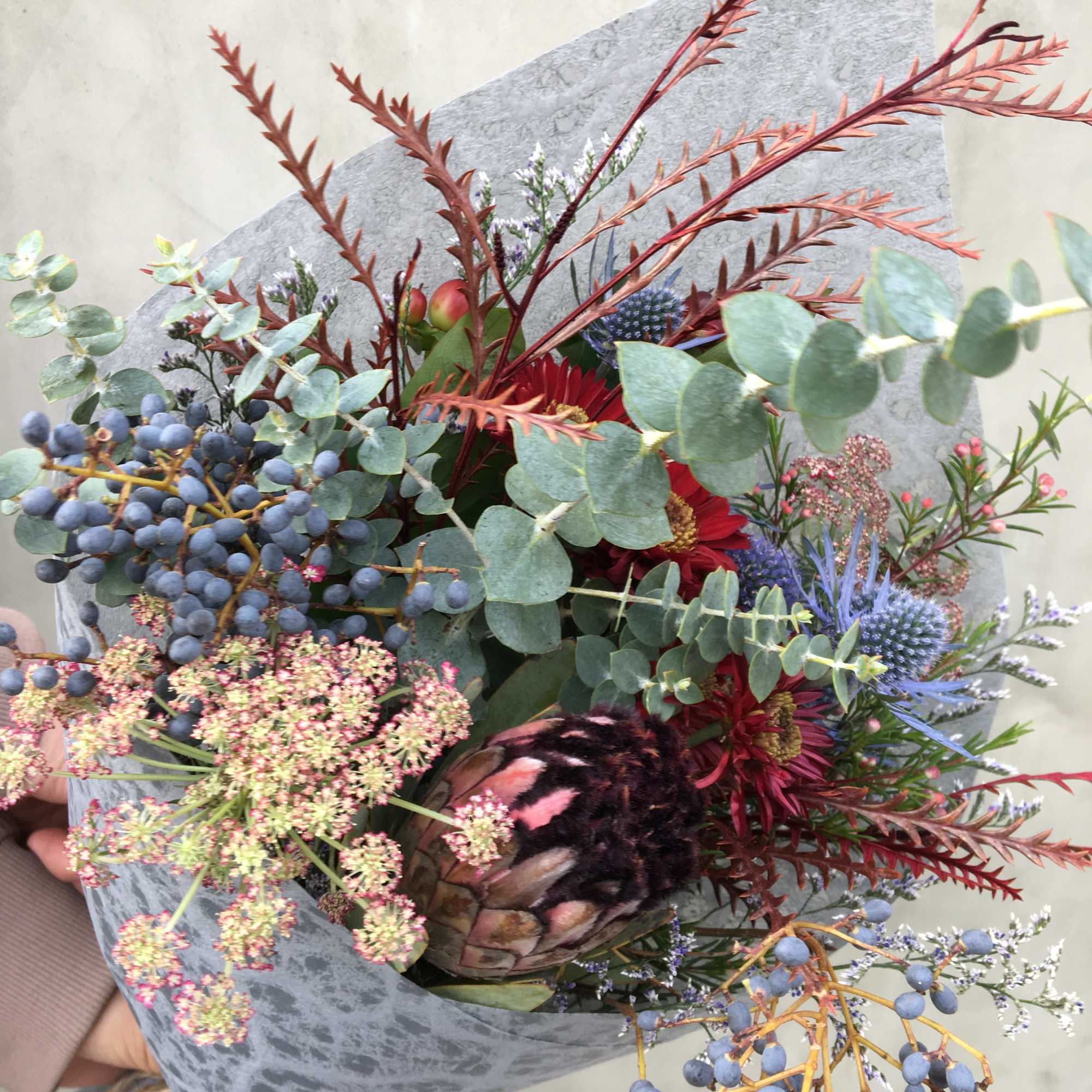 Hand wrapped bouquet with Variety of wild flowers from Queen Anne&rsquo;s, blue
