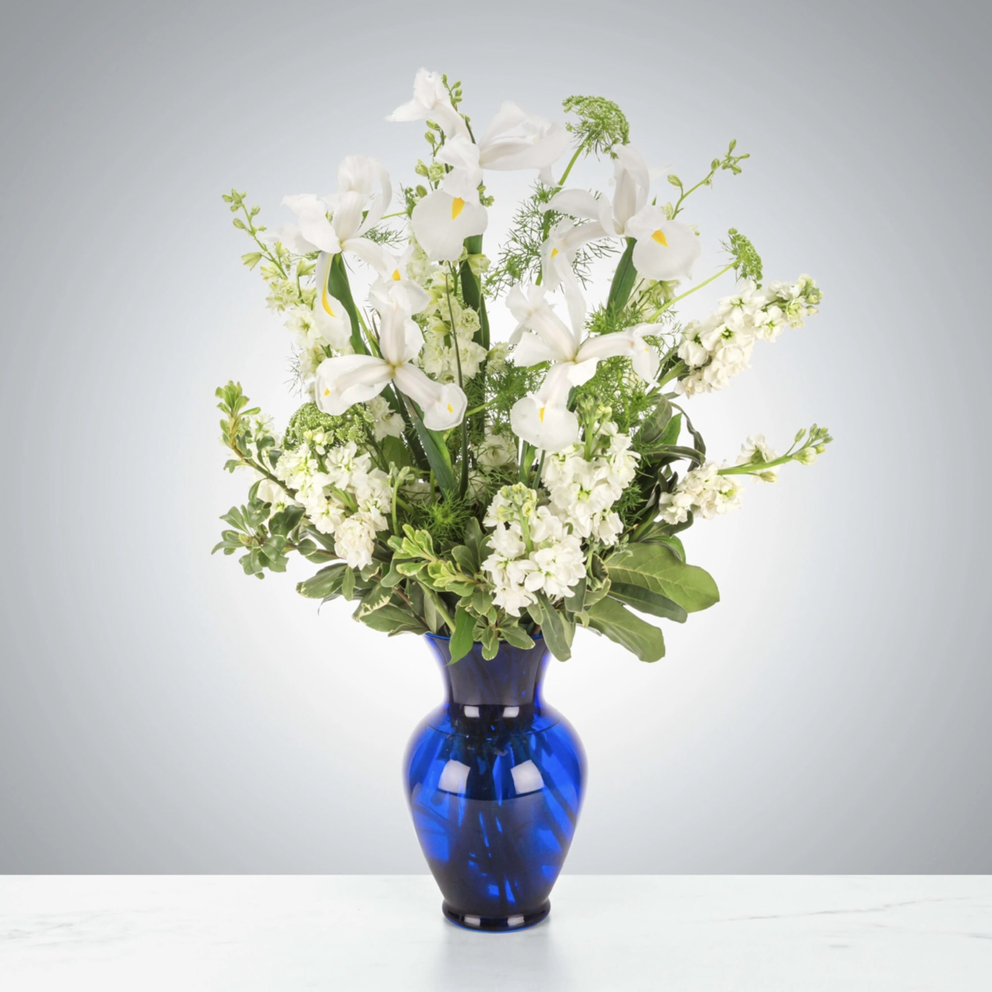 This arrangement includes white iris, white stock, white snapdragons, and queen anne&#039;s