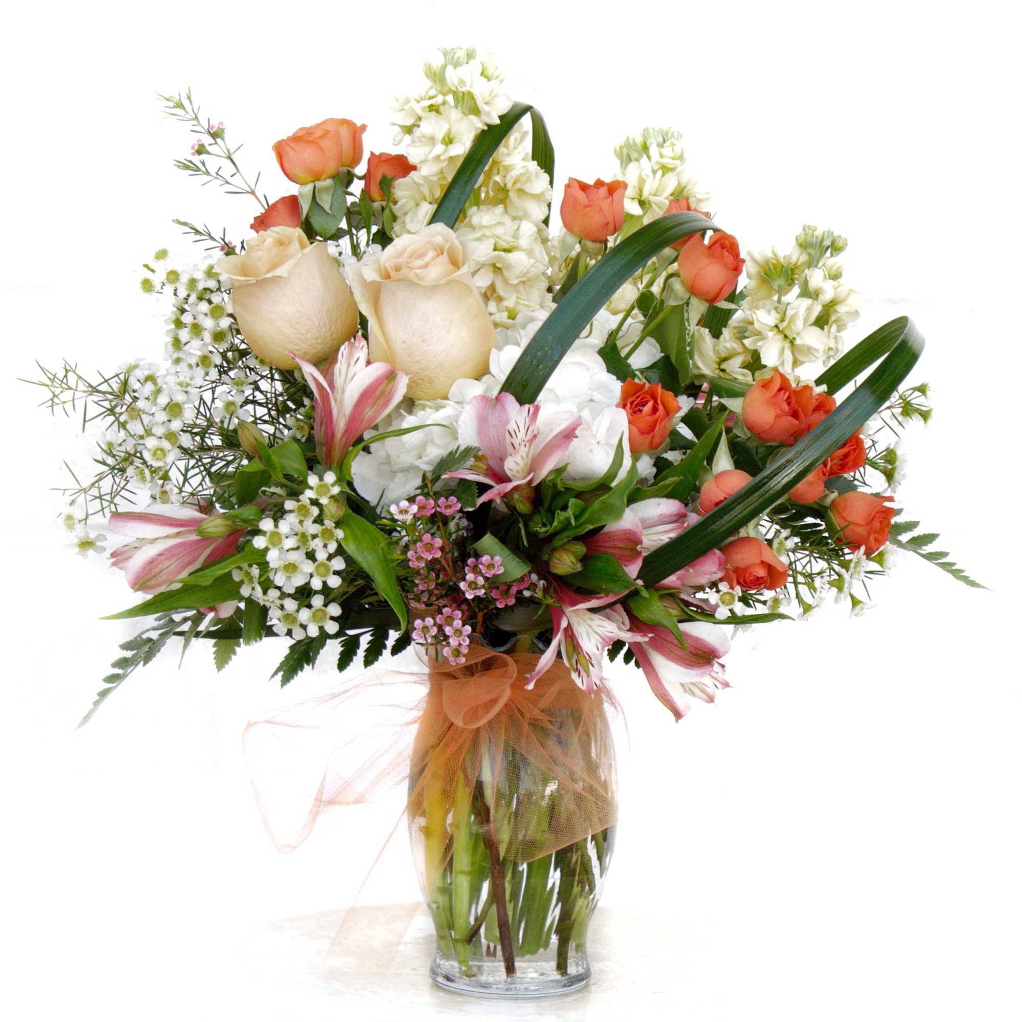 A pretty design including hydrangea, rose, fragrant stock, astromeria and accents.
STANDARD: FIRST A pretty design including hydrangea, rose, fragrant stock, astromeria and accents.
STANDARD: FIRST