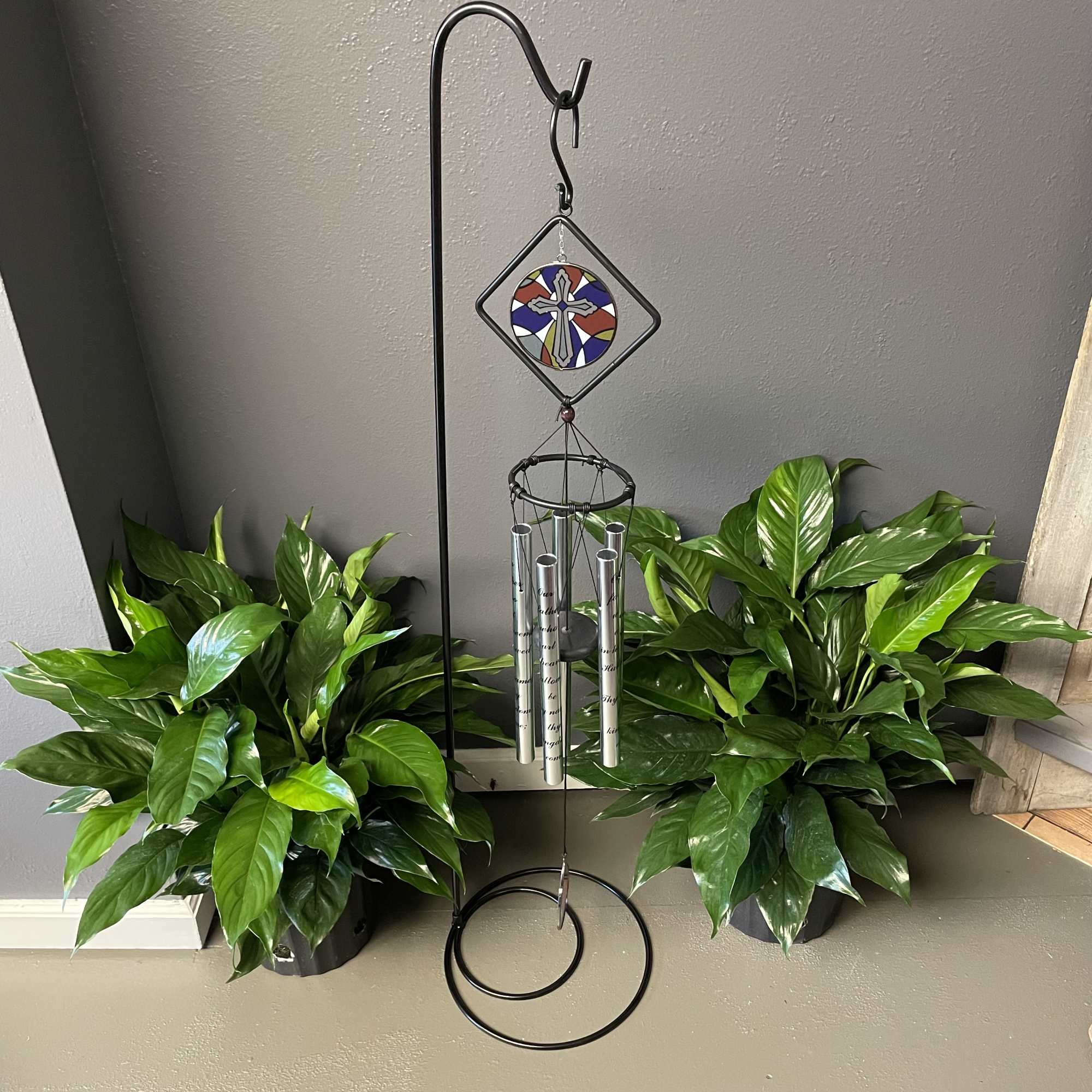 Double stained glass wind chimes with words of sympathy on the metal Double stained glass wind chimes with words of sympathy on the metal