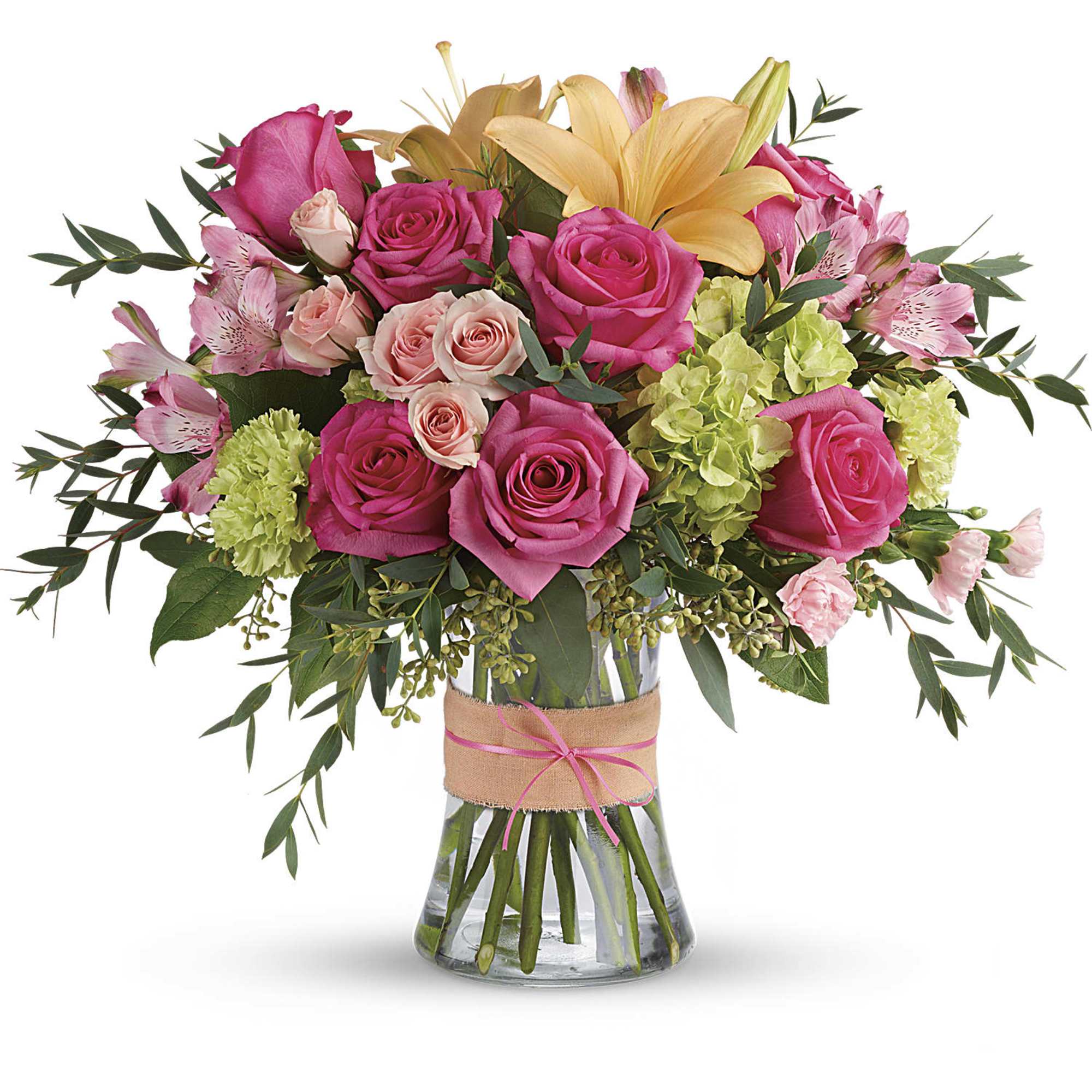 Go ahead make them blush! This luxurious bouquet of roses lilies and