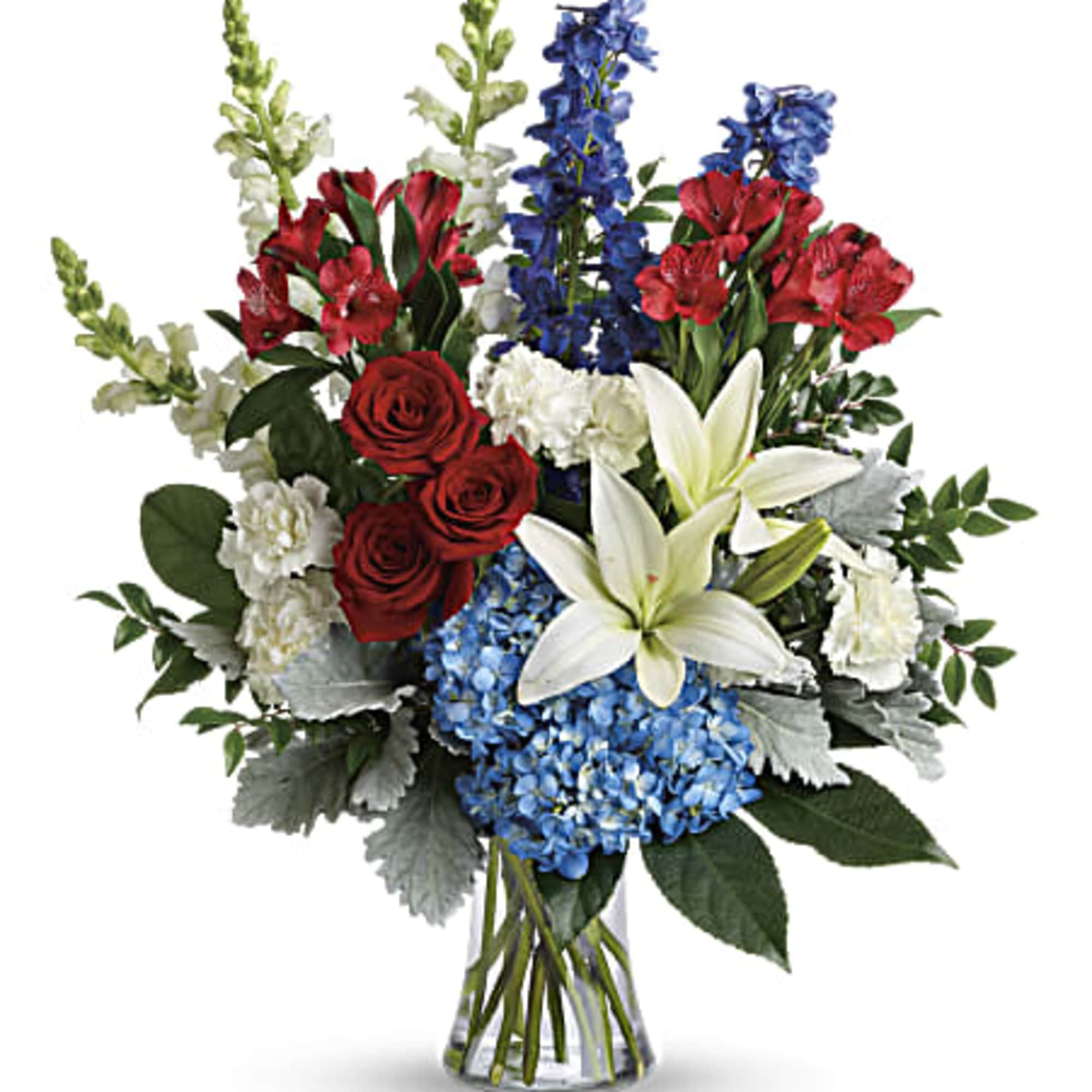 Perfectly patriotic with its red, white and blue blooms, this bold bouquet
