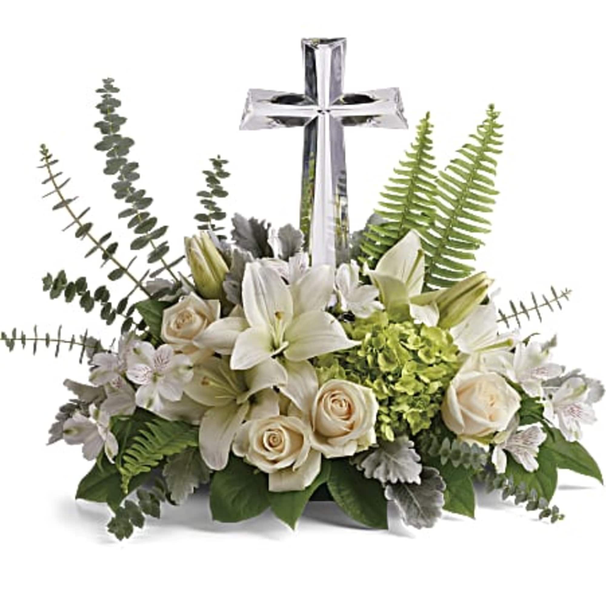 This peaceful bouquet of soft white flowers and green accents is a