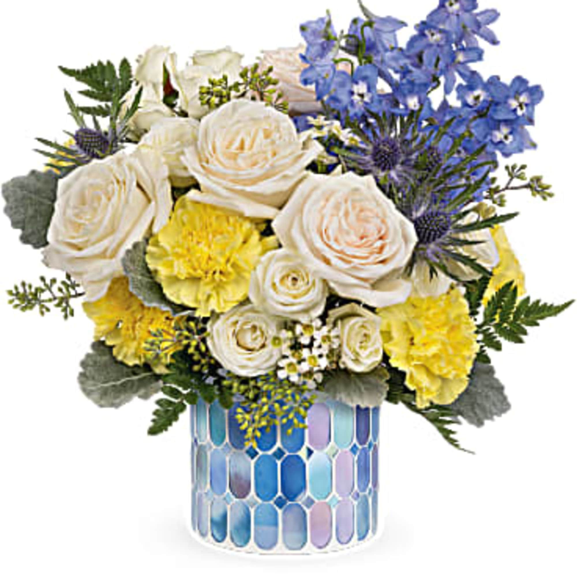 This breathtaking bouquet includes white spray roses, light blue delphinium, blue eryngium